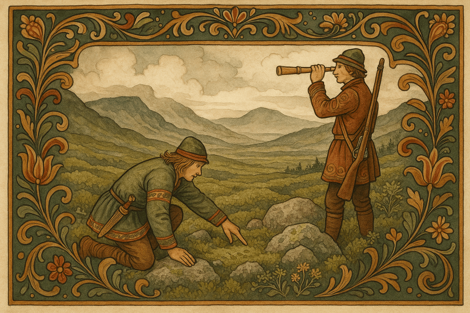 Tor ligger ved steinene og viser spor etter klover i renmose, mens en annen jeger kikker med kikkert mot fjellene.