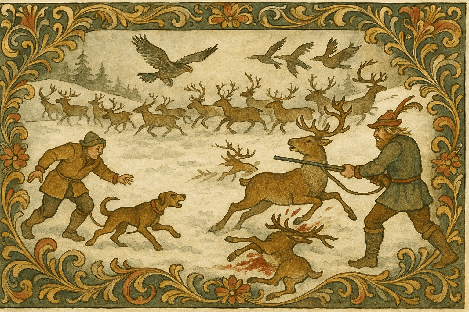 En reinflokk flyr opp; Sir John snubler i hundebåndet, Tor skyter og en bukk faller i snøen mens hunden står ved byttet.