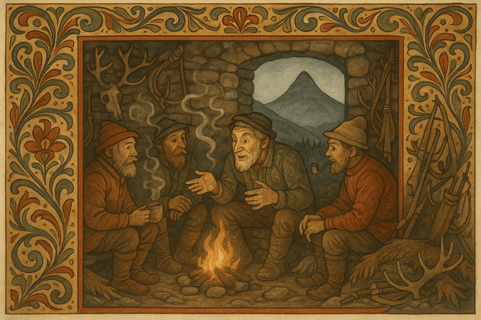 Innvendig i Uløyhytten: jegere rundt ild, Per Fuggelskjellé forteller, og gjennom døren ses Trollronden og Rondanes masser i kveldsljus.