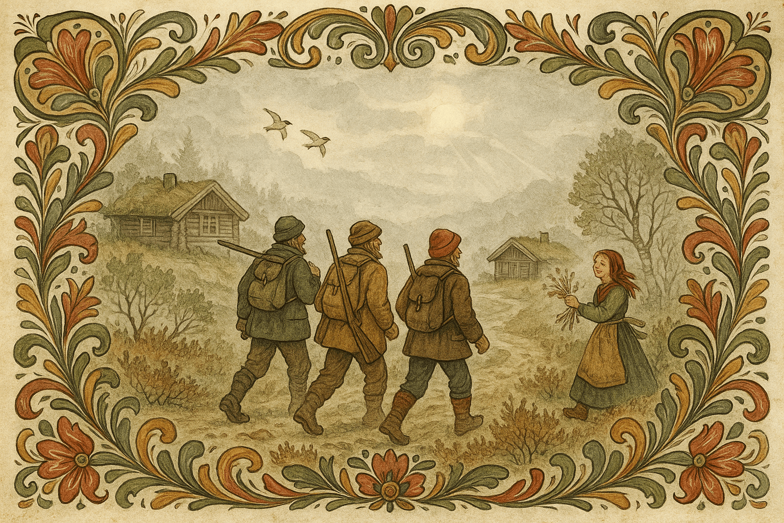 Jegere forlater seteren i morgentåke; Brit kaster lim og skavgress-skubb mens seterhus forsvinner bak dem og fjellvegetasjon omgir stien.