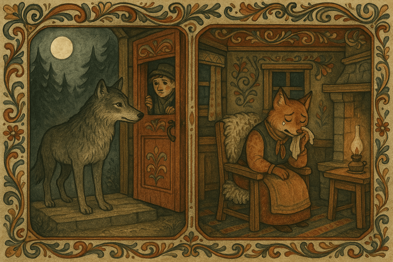 En ulv står på dørstokken mens Korse titter gjennom dørsprekken, inne ved ildstedet sitter en sørgende revefrue.