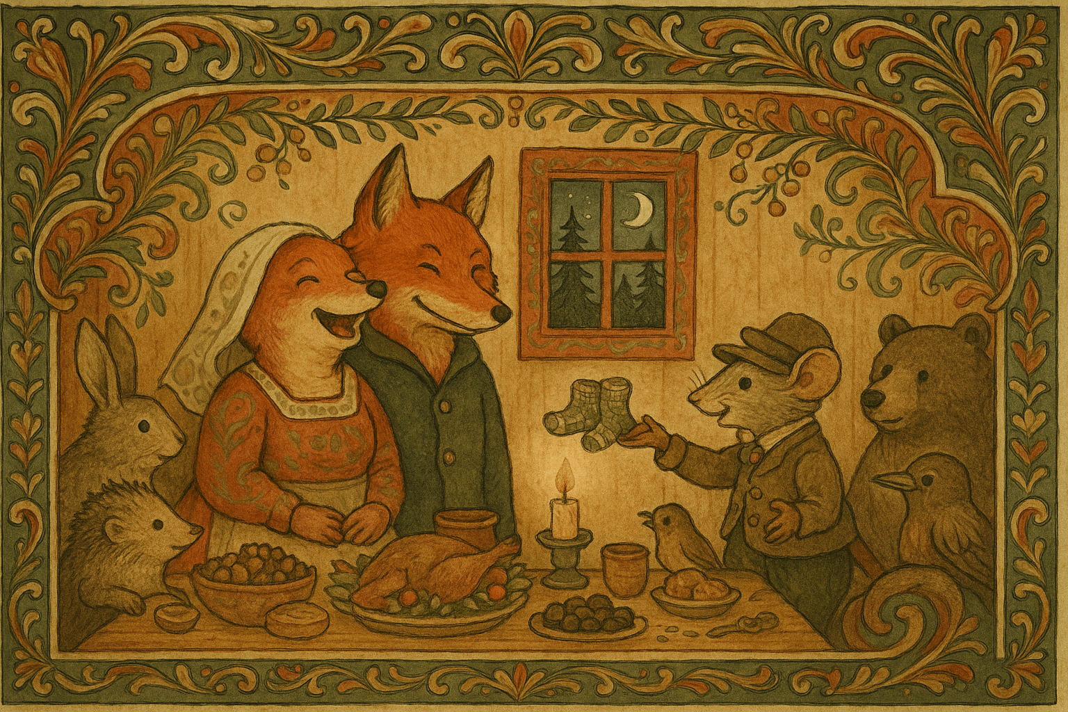 Revefrua og en ny rød rev står ved bordet under bryllupet, Korse legger fram sokker og sko mens gjestene feirer inne i revehuset.