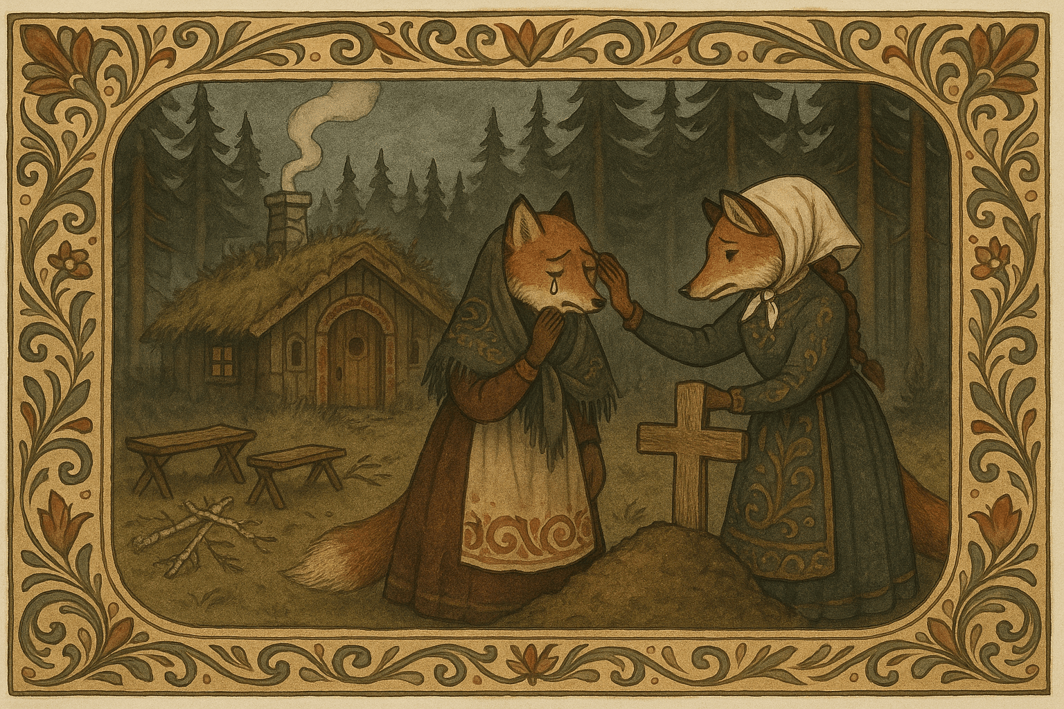 Revefrua står ved en nygravd grav med korset, Korse trøster henne utenfor revehuset med torvtak i skogkanten.