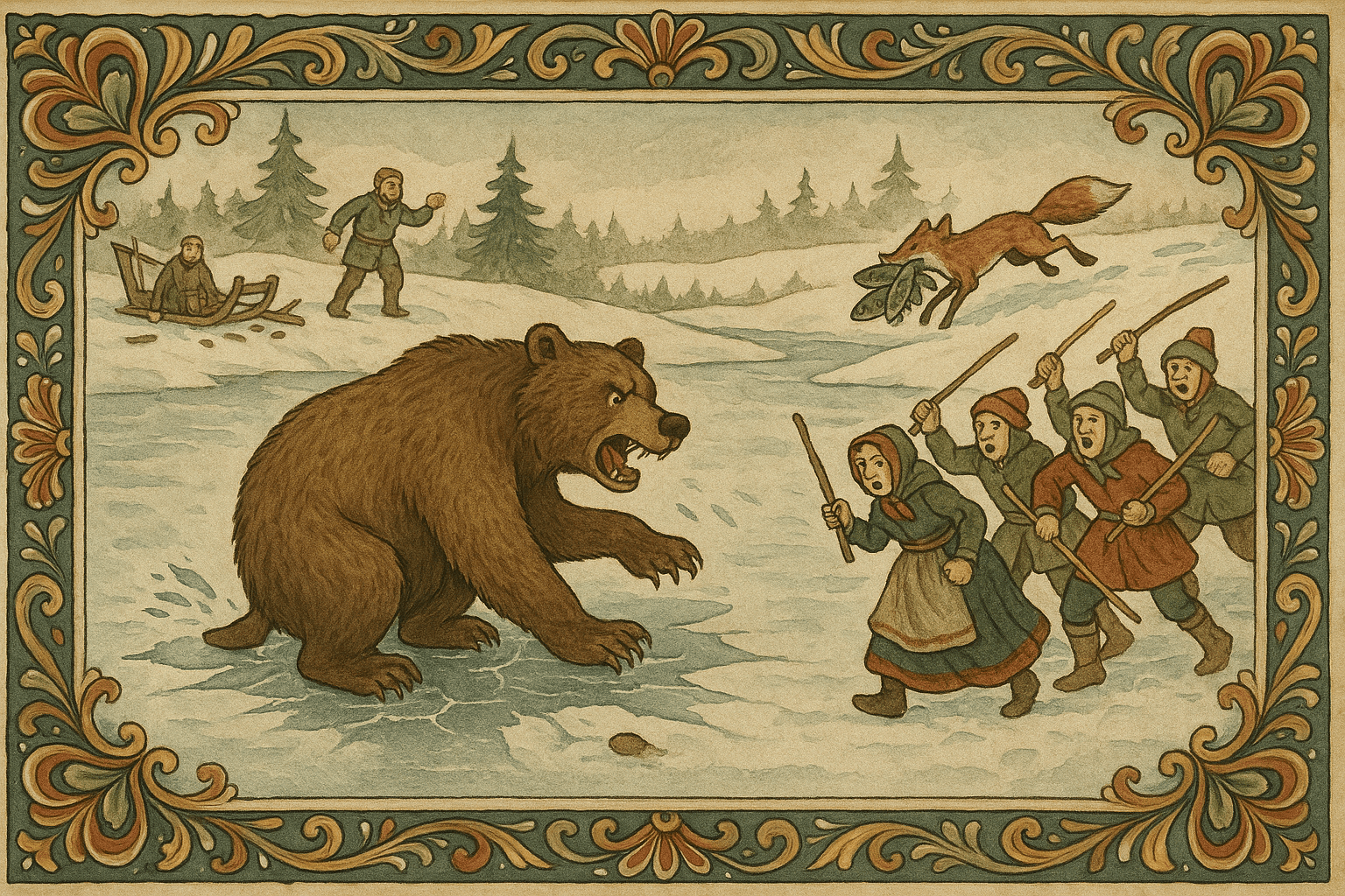 Bjørnens hale sitter fast i isen og folk slår på ham mens han sliter for å komme løs; reven hopper avsted med fisk og en slede i bakgrunnen. Bildet viser dramatisk vinterkaos og en kort stubb igjen av halen.