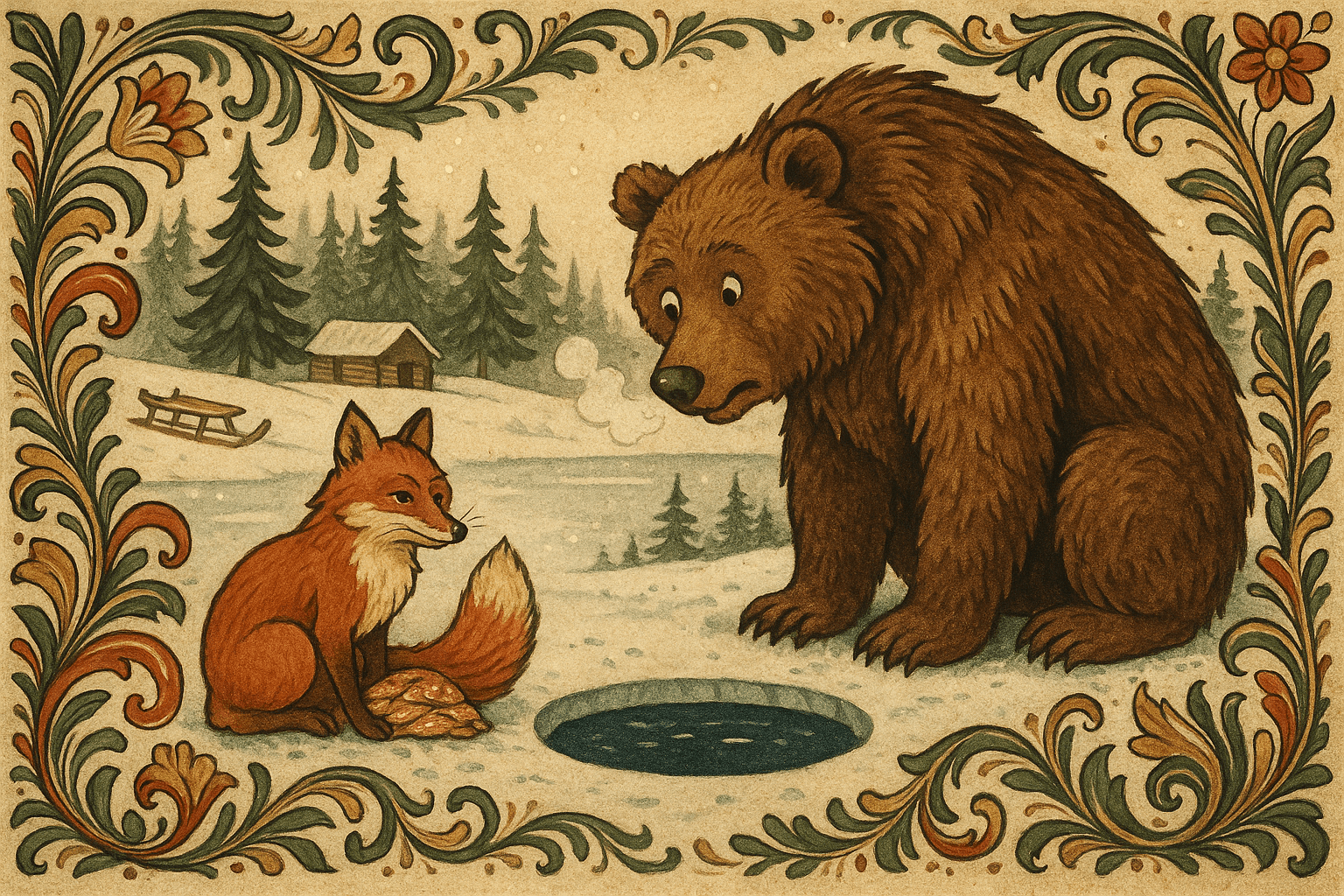 Reven sitter ved et hull i isen og skjuler en haug med fisk under seg mens bjørnen kikker nysgjerrig på. Et sledekjøretøy og furutrær i bakgrunnen viser et norsk vinterlandskap.