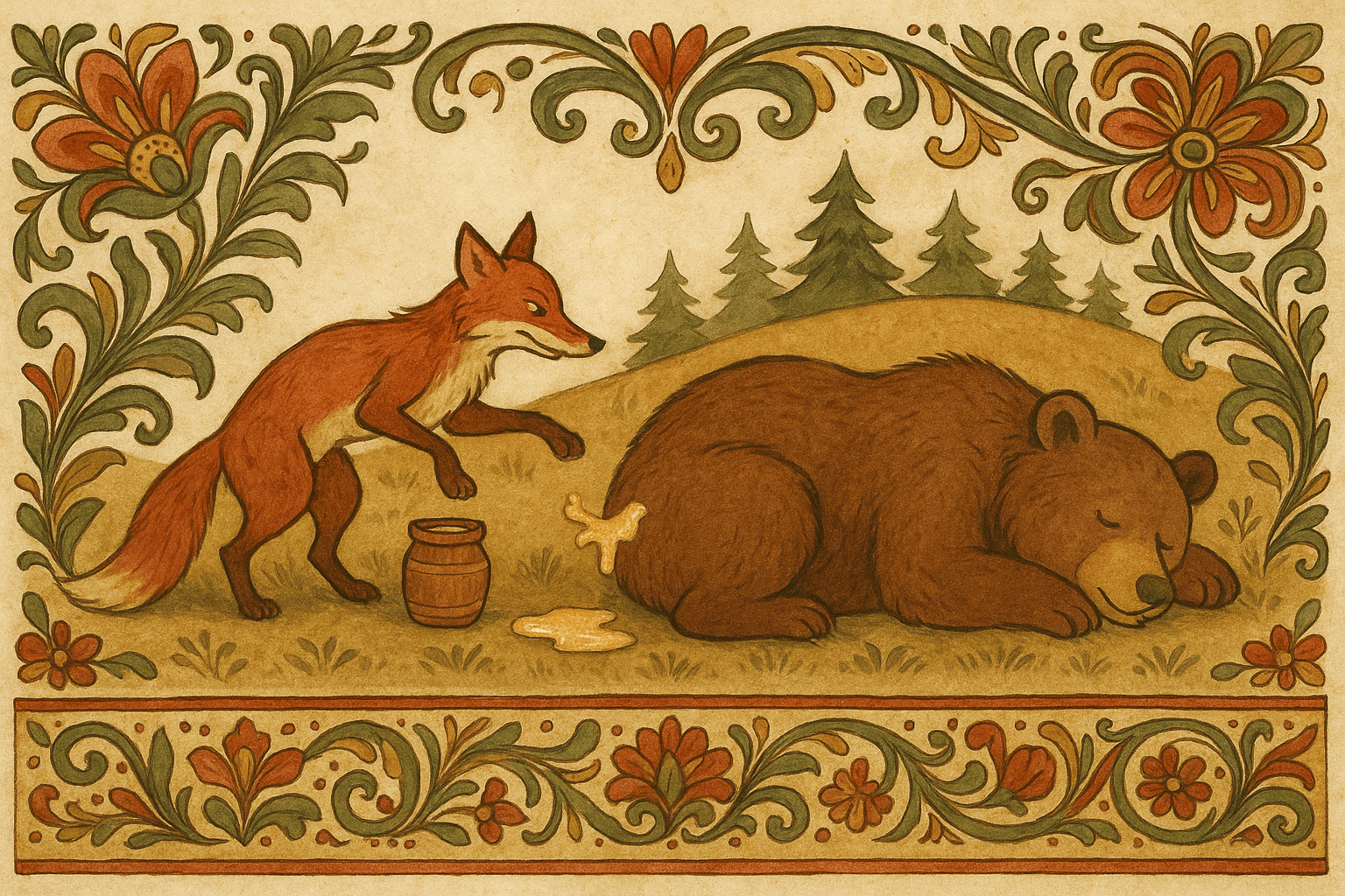 Reven Mikkel smyger seg bort til den sovende bjørnen og smører smør på bjørnens bak. Smøret har begynt å smelte i solen og glinser ved siden av dem.