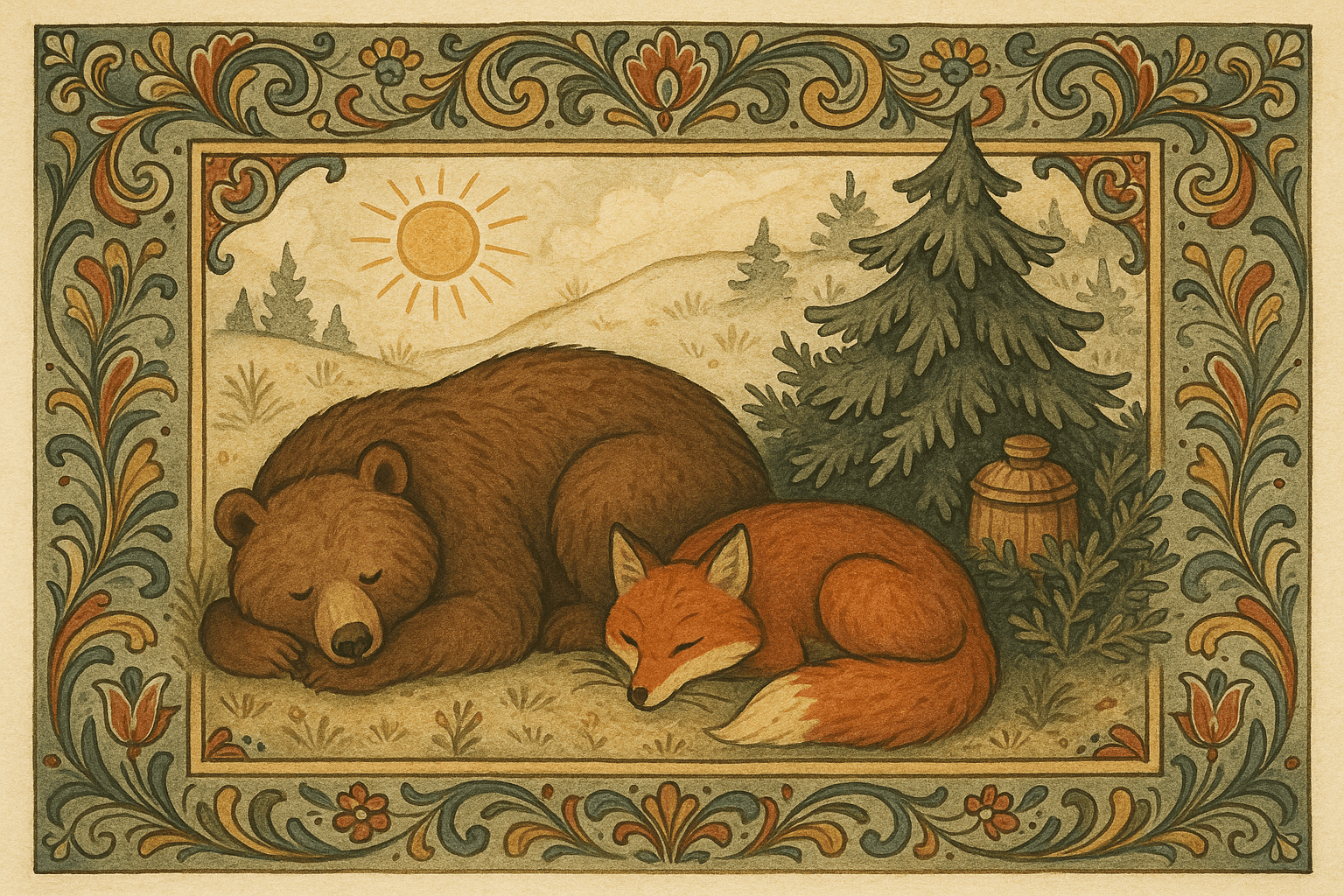 En rødrev og en stor brun bjørn sover i solen på en solbakke. En smørholk ligger gjemt under en tett granbuske, og reven rører på seg med listig uttrykk.