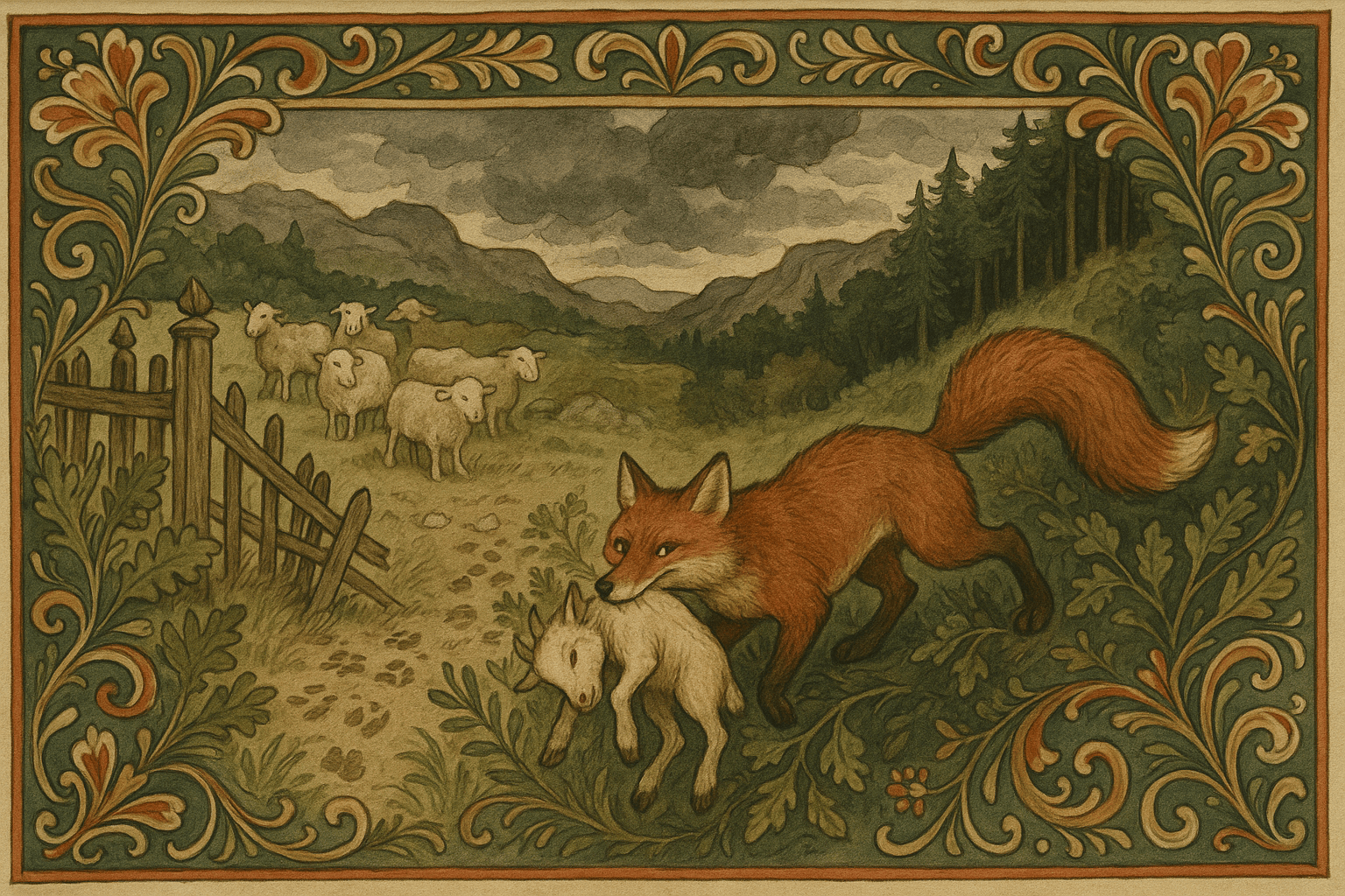 Reven drar en geit mot skogkanten mens tomme gjerder og spor viser at sauer og kuer er borte.