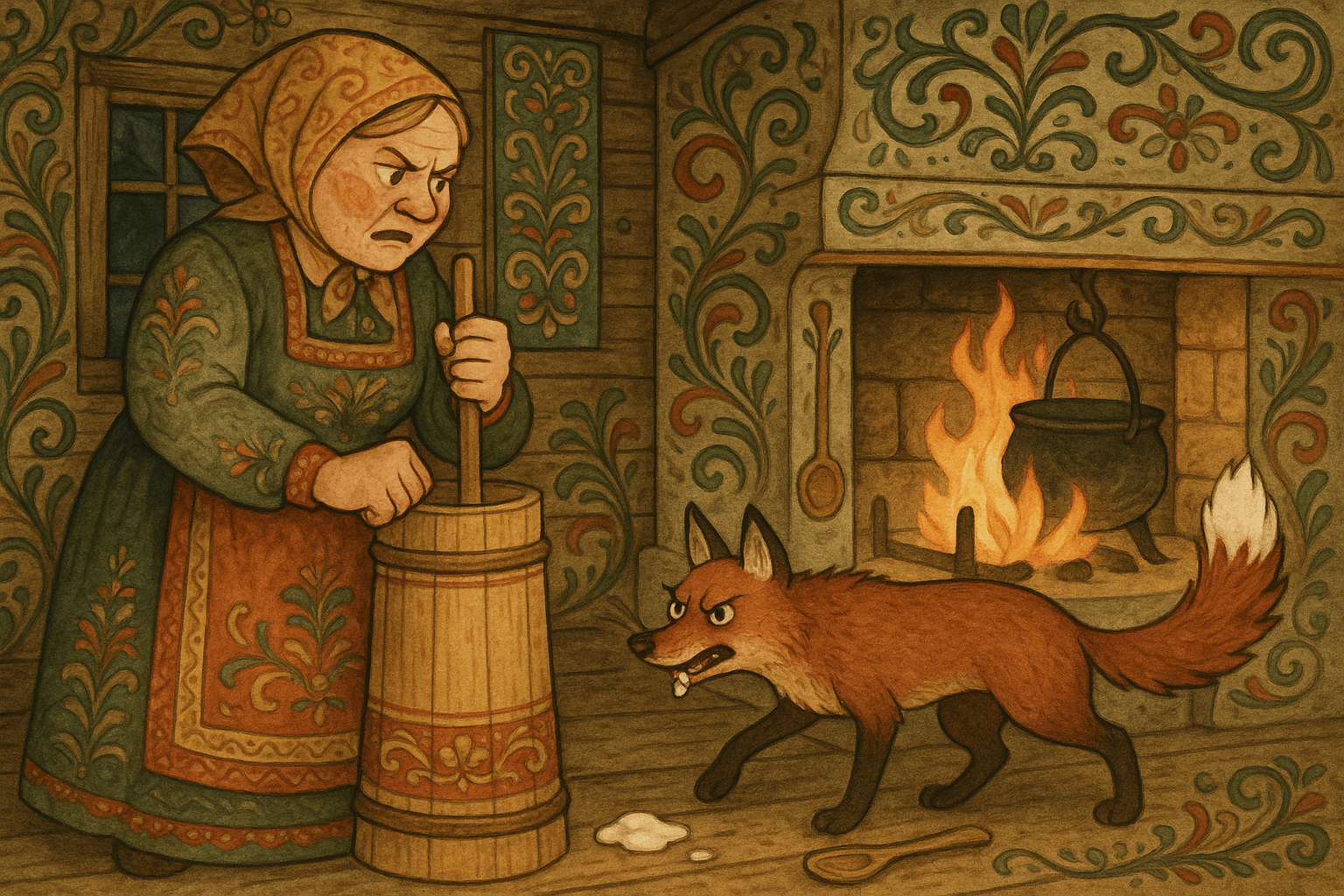 Innerst i et gammelt kjøkken står kvinnen ved kjernen, og reven løper ut med hvit flekk på haletippen etter at hun slo etter ham med fløte.