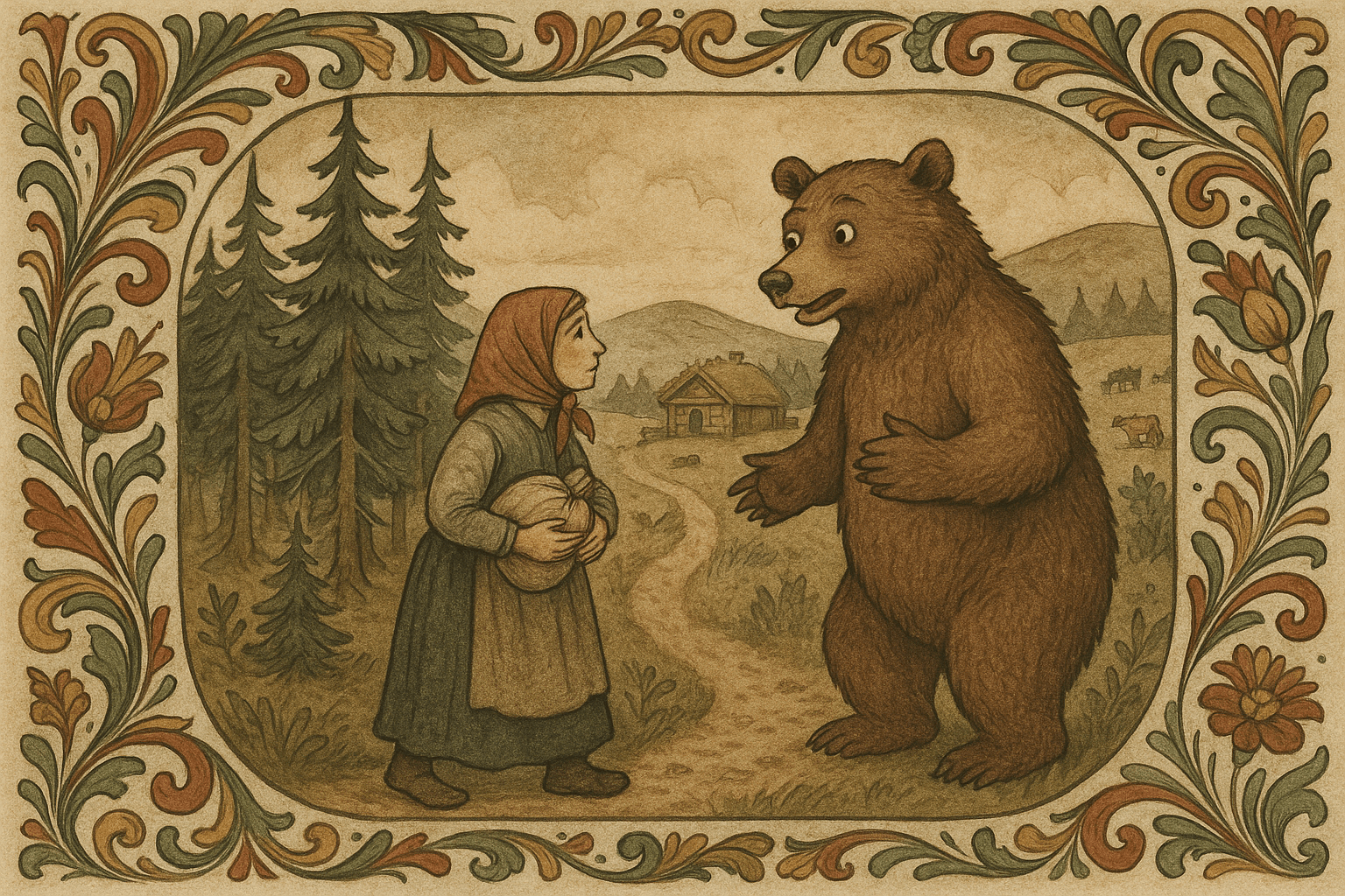 En kvinne i tradisjonell bondeklær går på vei mot en gård og står ansikt til ansikt med en bjørn som snakker til henne.