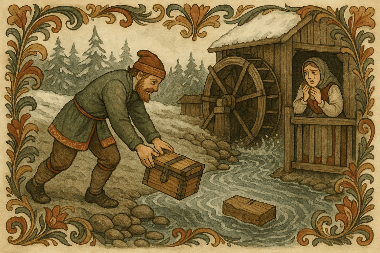 Rike-Per setter en liten bek-forseglet kiste med et barn i elven ved kverna, mens møllerens kone står og gråter ved gjerdet.