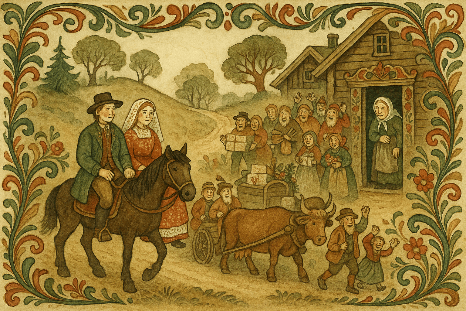 Møllergutten og Rike-Per's datter rir i bryllupsparaden med folk og vogner fulle av gaver på vei til gården oppunder åsen.