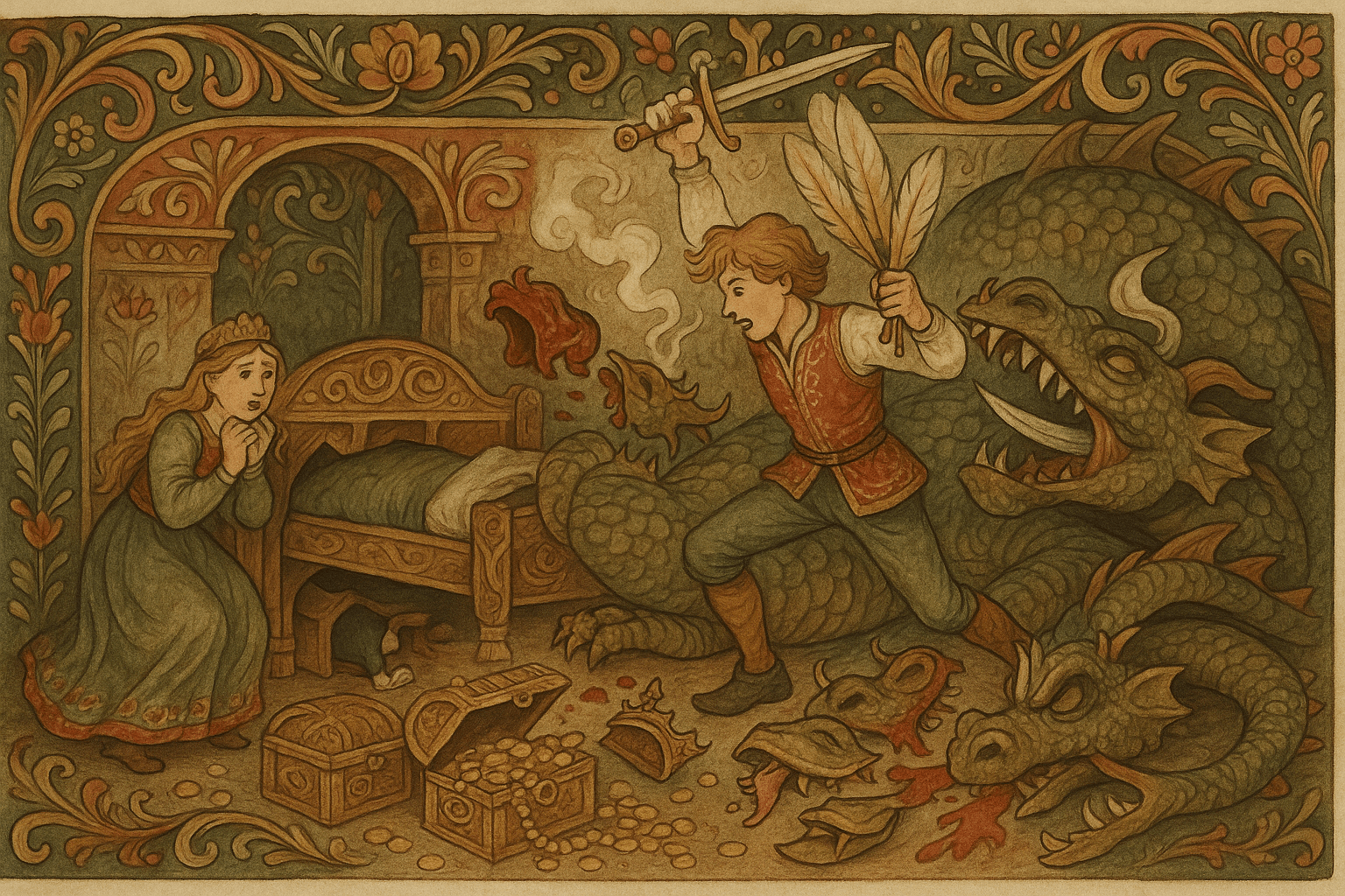 Møllergutten hugger hodet av den sovende dragen i et skattekammer mens kongsdatteren ser forskrekket til og gutten napper tre store fjær fra halen.