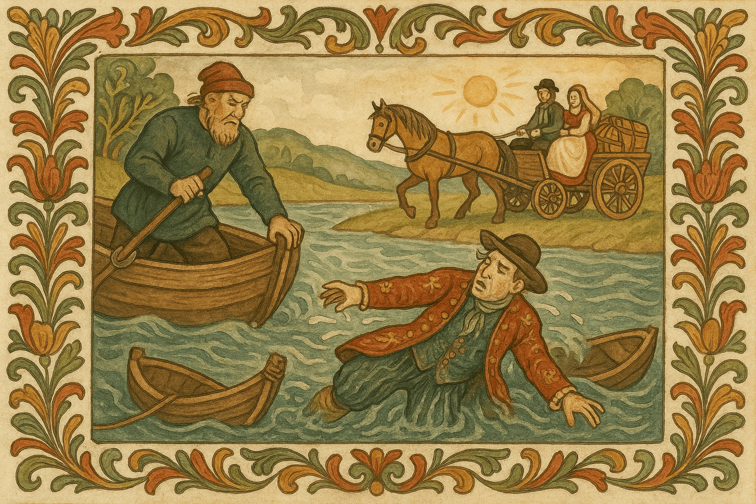 Sundmannen kaster Rike-Per i elva ved sundstedet mens møllergutten og kongsdatteren drar avsted med vogner fulle av rikdom på den andre siden.