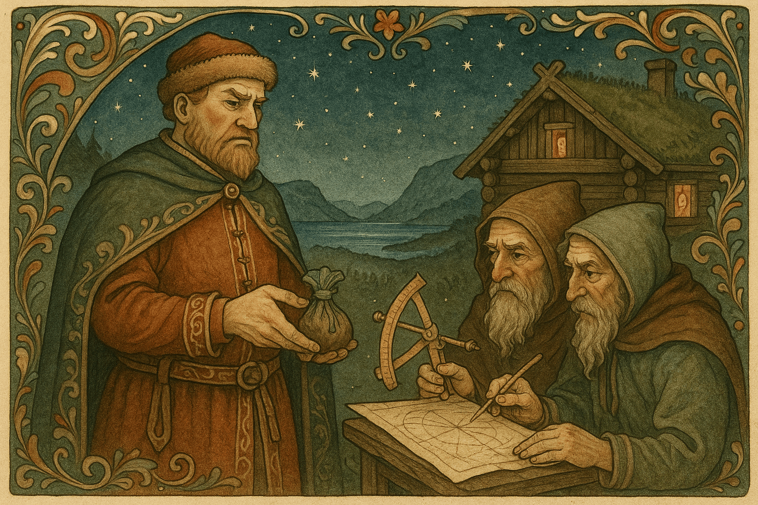 Rike-Per gir gullmynter til to stjernekikkere under en klar nattehimmel utenfor en tømmerbygning, mens datterens vindu lyser i bakgrunnen.