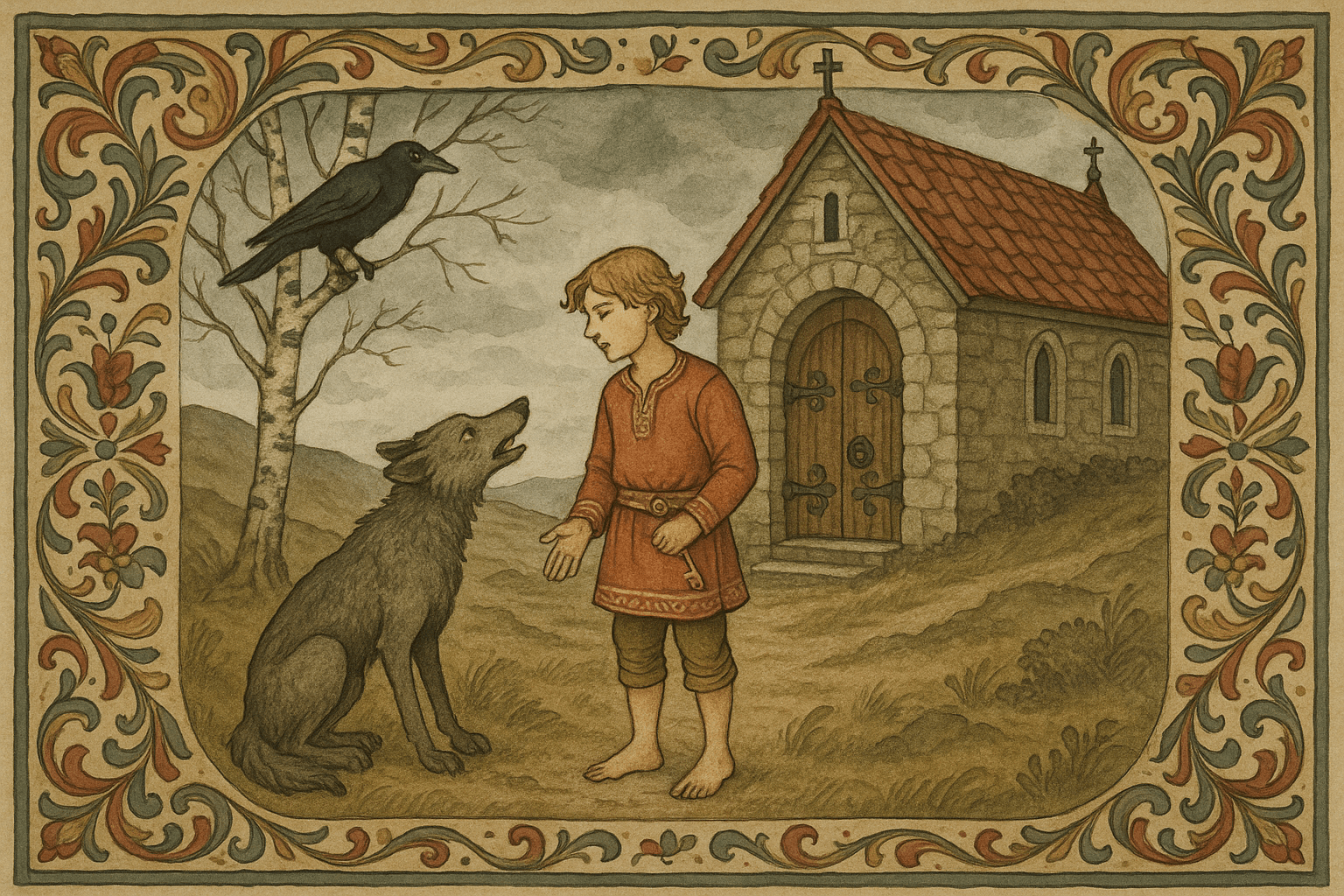 Den yngste prins står ved en låst kirke og taler med en sulten ulv og en ravn i et tre. Han holder en nøkkel og ser bestemt ut før han går inn.