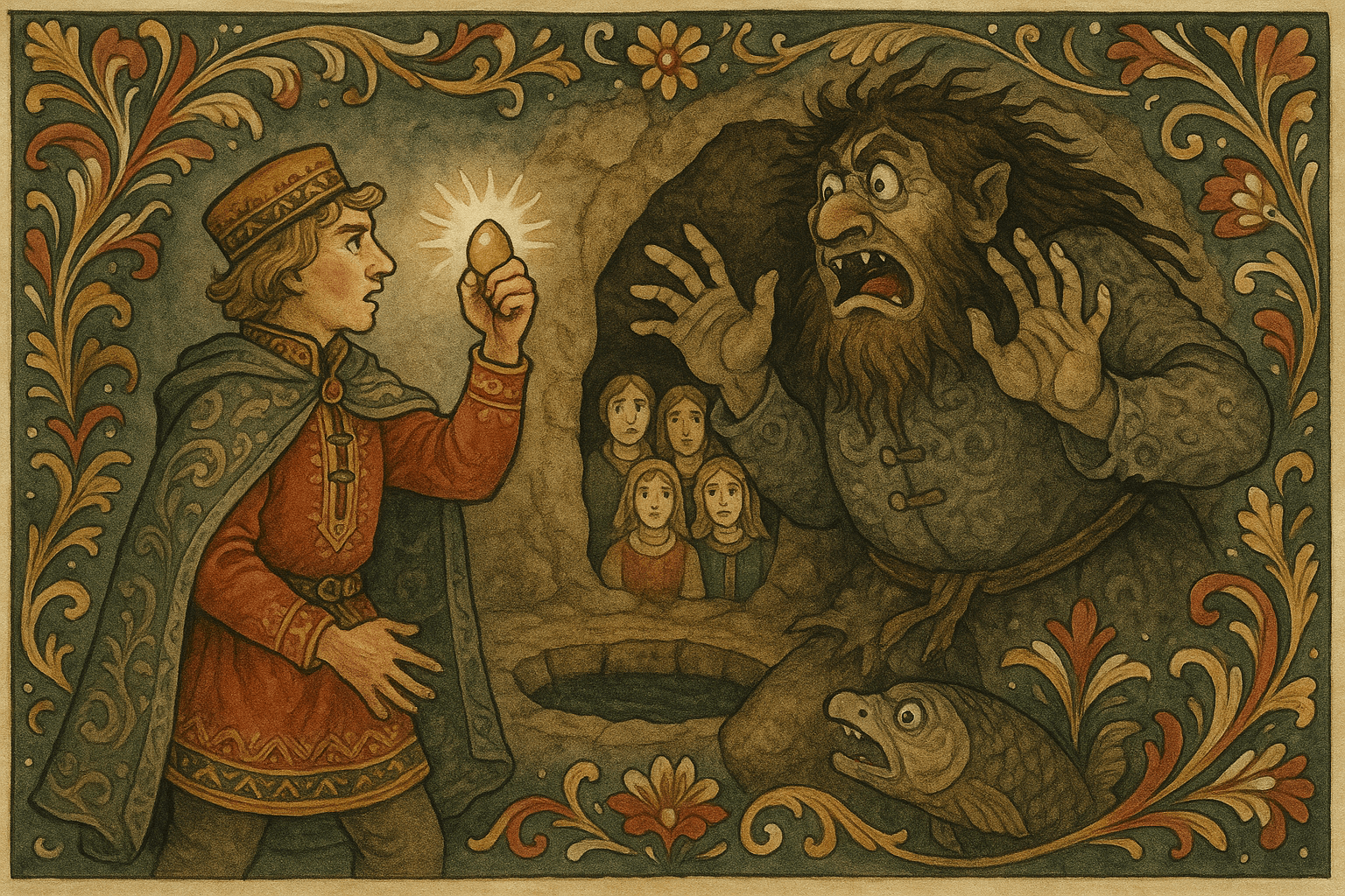 Prinsen holder et egg som inneholder risens hjerte mens risen skjelver, og fangene titter frem fra steingrotten. Eggets betydning er tydelig i det intense øyeblikket.