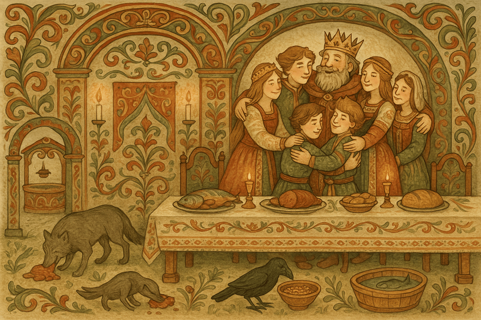 Fest i kongens hall med jubel, bryllupsgjestene og kongen som omfavner sine sønner. Dyrene som hjalp prisen (ulv, ravn, fisk) blir matet og takket utenfor.