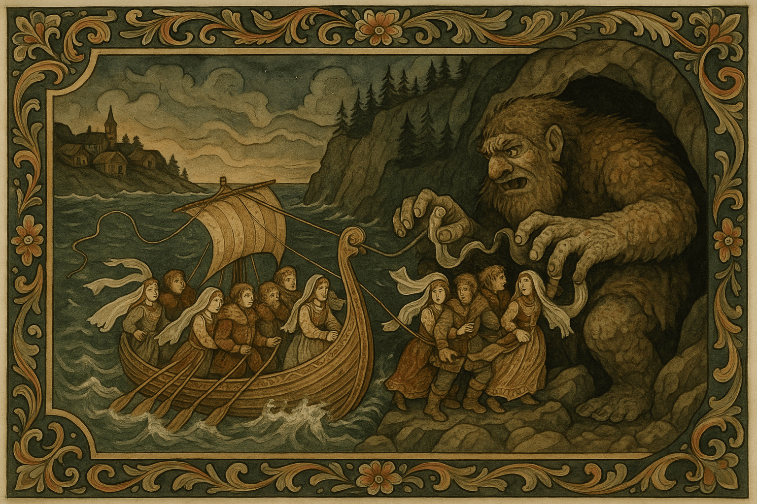 Seks prinsers skip blir tatt av en stor rise ved en klippe, med bruder som skriker og stormfulle bølger. Bildet viser en dramatisk redningsscene ved kysten.