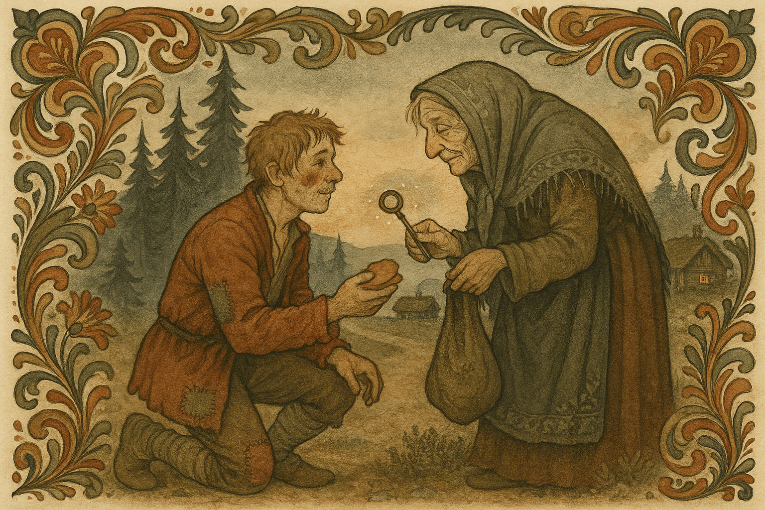 Espen Askeladd gir en osteskorpe til en gammel kjerring ved veien, og hun gir ham en gamal nøkkel; gran og et torvtak ses i bakgrunnen.