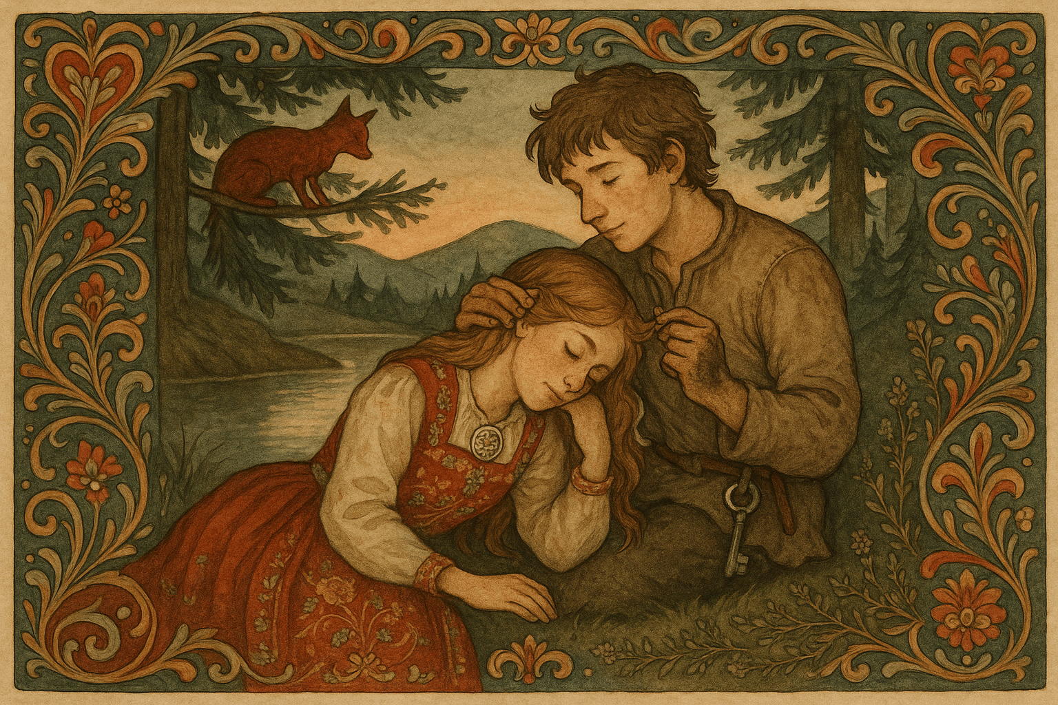 Kongsdatteren sitter ved tjernet med hodet i Askeladdens fang; en gullring er knyttet i håret hans og Rødrev ser ned fra en gran.