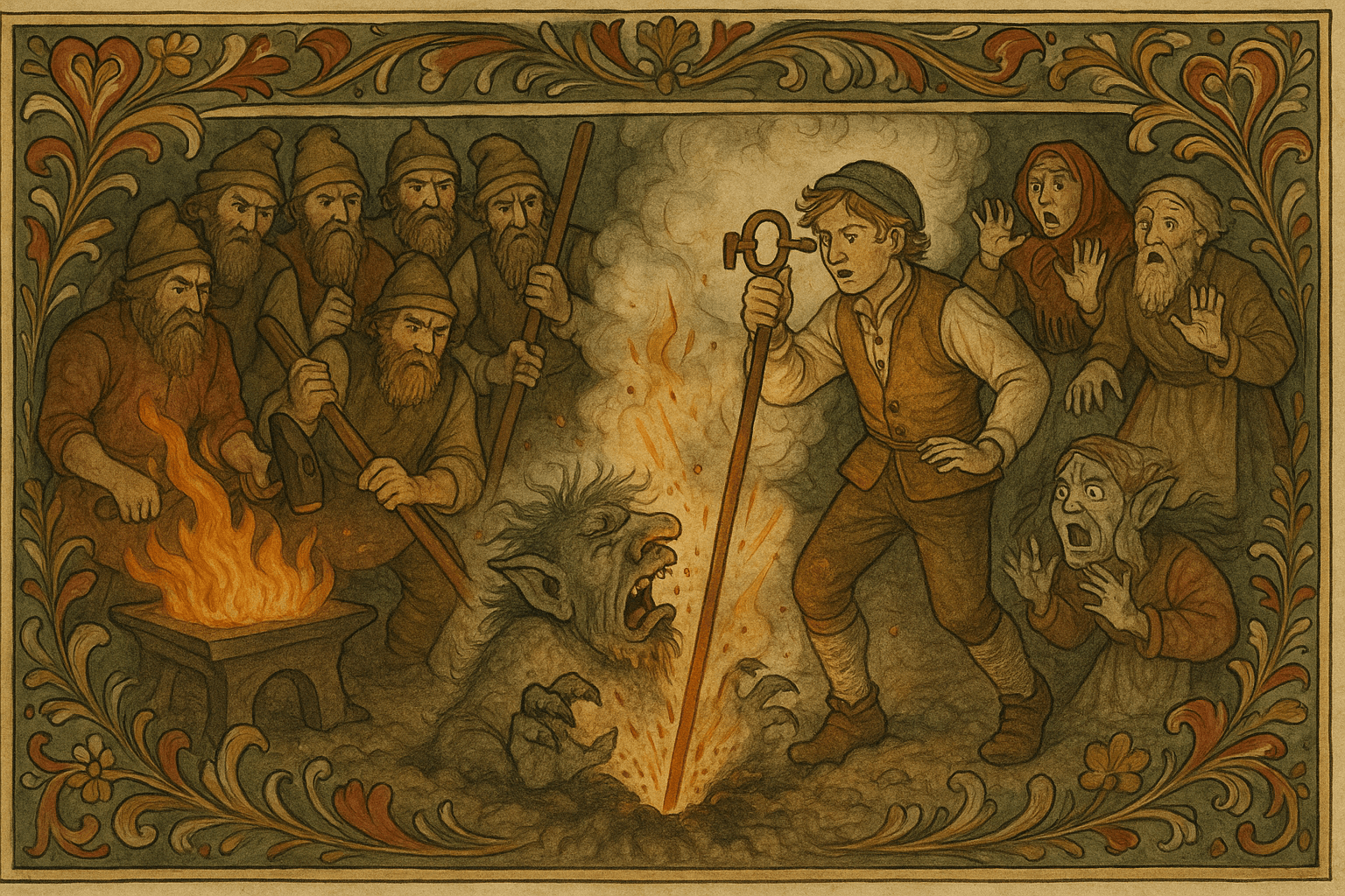 Askeladden leder smedene mens en glødende jernstang blir ført ned i jorden og trollet skriker opp av hullet.