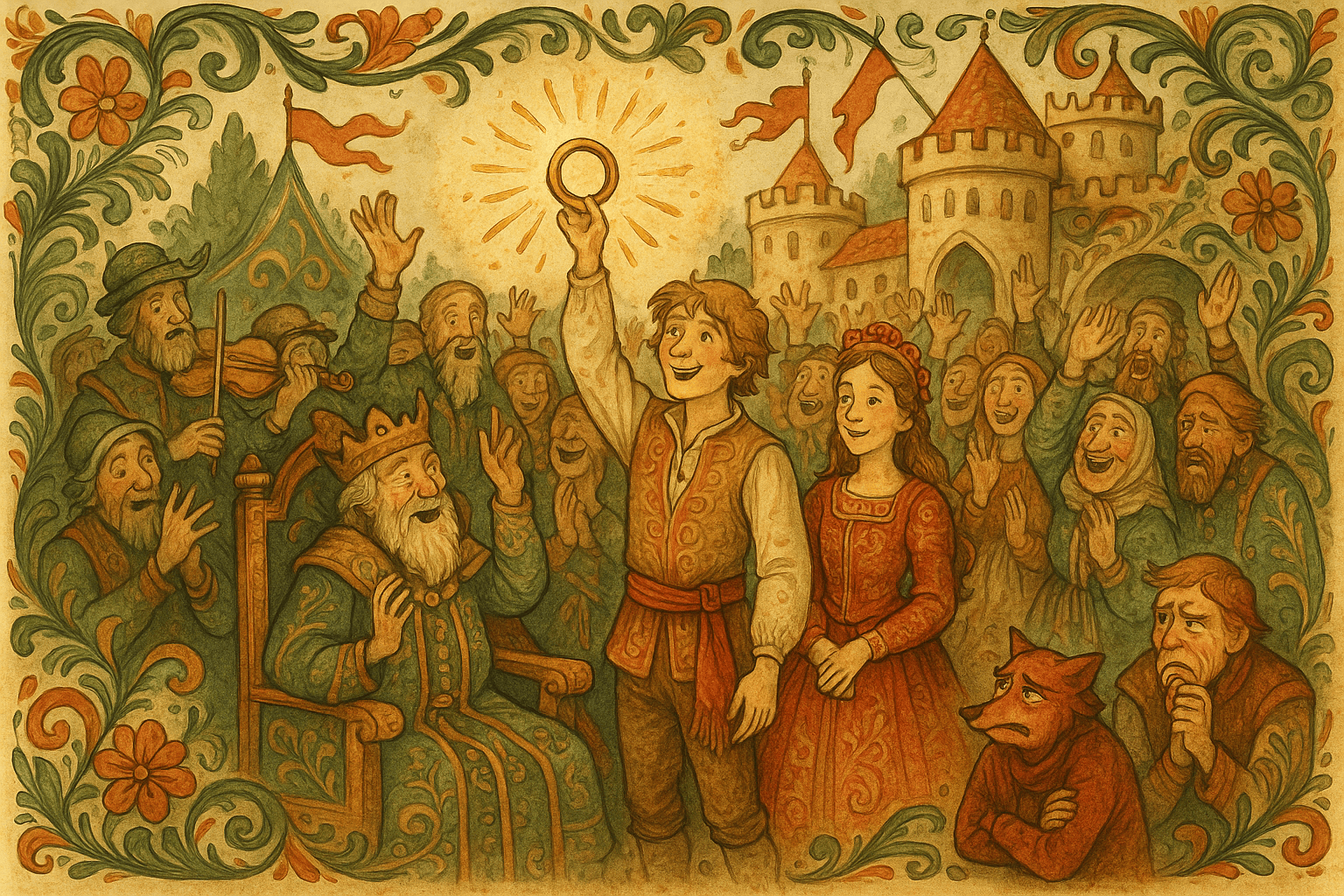 Askeladden viser gullringen i håret, kongen og folket forstår sannheten; Rødreven kryper bort mens fest og bryllupsforberedelser starter.