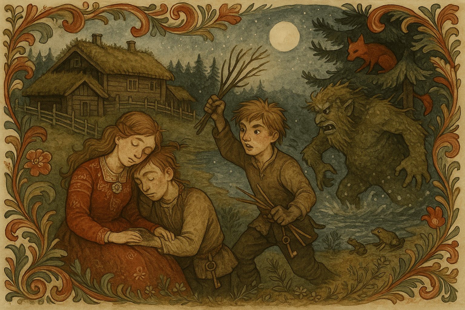 Skumring ved et lite fjelltjern, like ved kongens torvtakte gårdsplass og en tett rad av grantrær: den yngste kongsdatteren, i en brodert ullkjole med sølvspenne, sitter med hodet i fanget til Espen Askeladd — sot på hendene, men ren og våken, en liten jernnøkkel i lærrem ved beltet og prinsessens gullring bundet i håret — mens Rødrev kryper sammen som en rød silhuett høyt oppe i en tømmergran, og kvister av timian ligger strødd langs vannkanten.