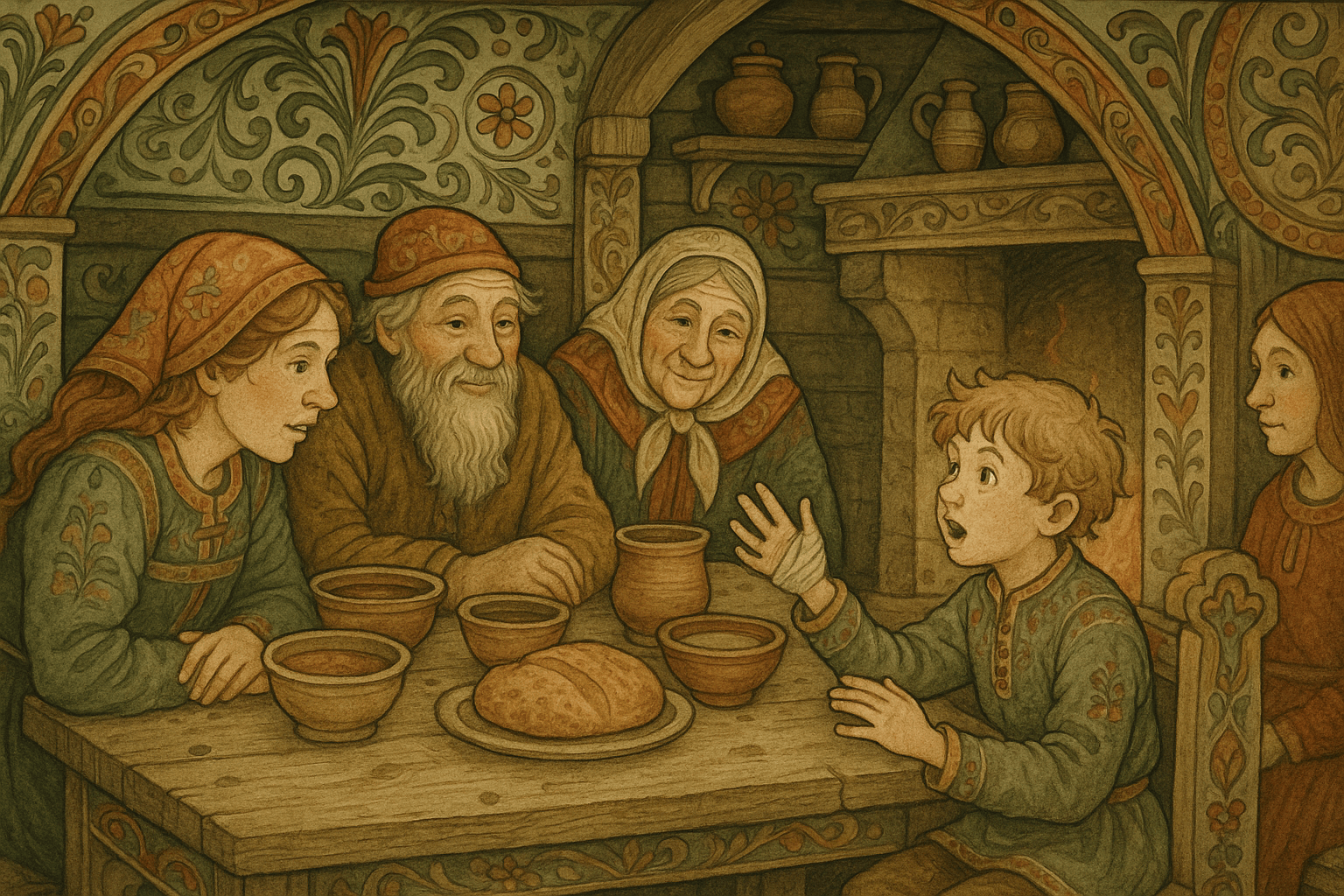 Gårdsfolk sitter rundt et langbord og ser på gutten med en innpakket hånd mens de drikker og snakker. En eldre kvinne og en mann lener seg frem, tydelig nysgjerrige og litt underholdt.