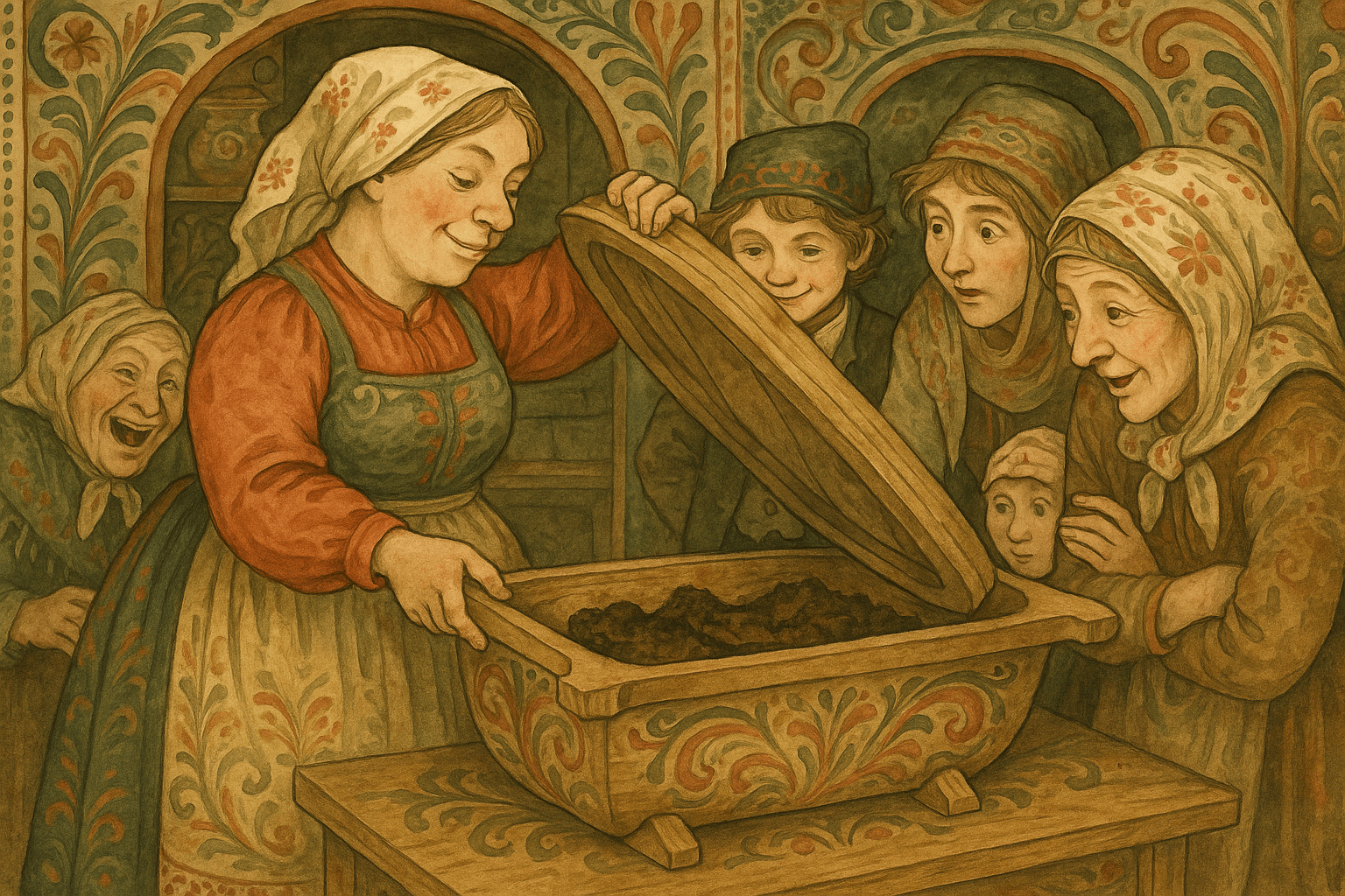 En kvinne løfter lokket på et stort grauttrau og viser tørkede grautskorper, mens de andre ser på og ler. Gutten smiler lurt over at testen fikk svar.