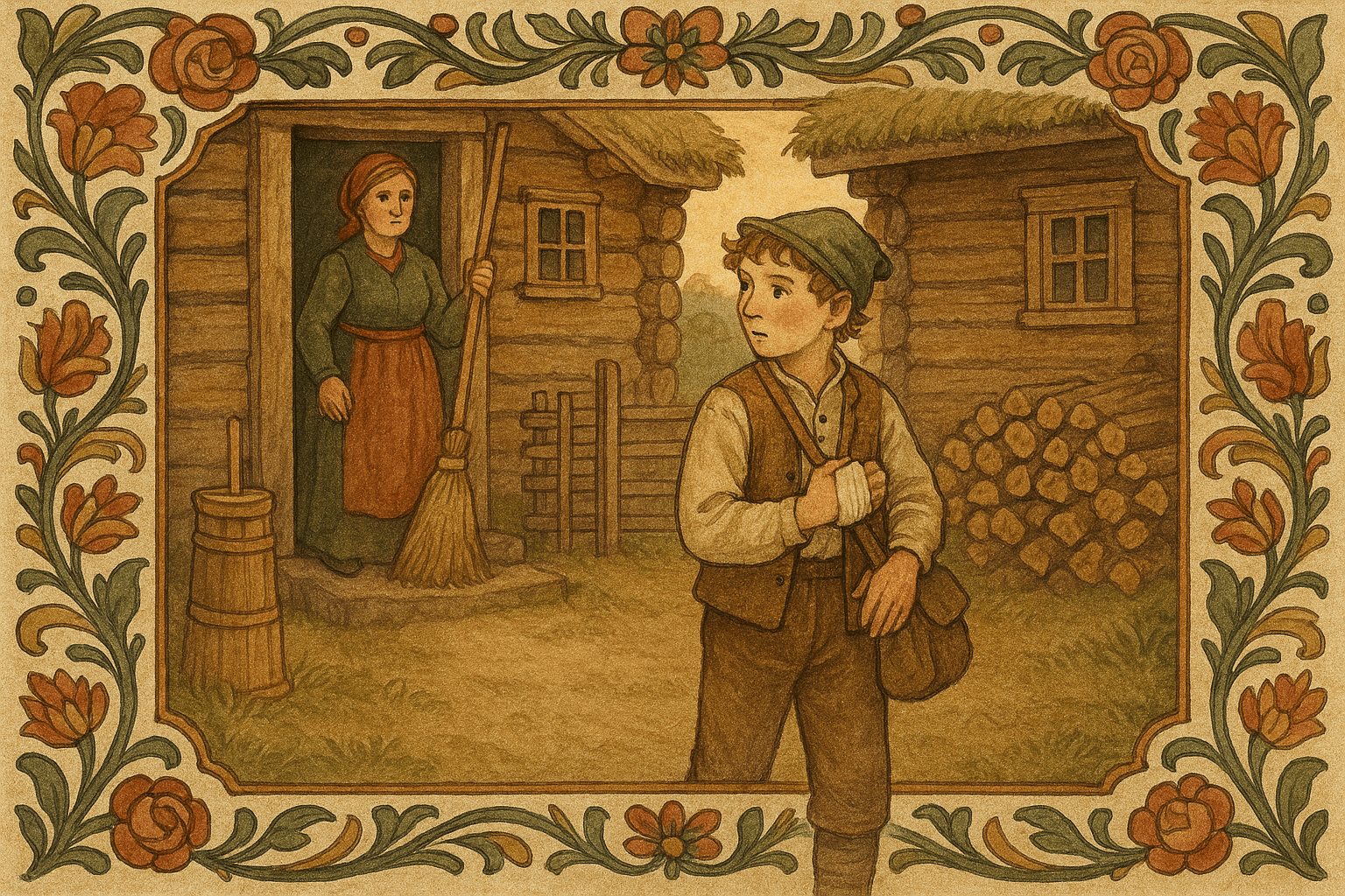 En gutt forlater en tømmergård med en hånd bundet i duker, mens moren står i døren og viser at det skal være rent. Gården har torvtak, vedstabel og en kost i nærheten.