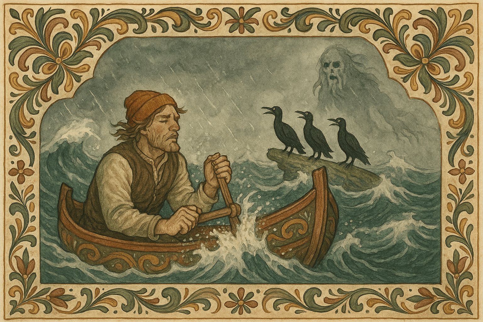 Isak holder rorkulten i en liten båt i en voldsom storm, tre skarver sitter på et drivvedstykke og skriker, og en skygge som draugen synes i skodden.