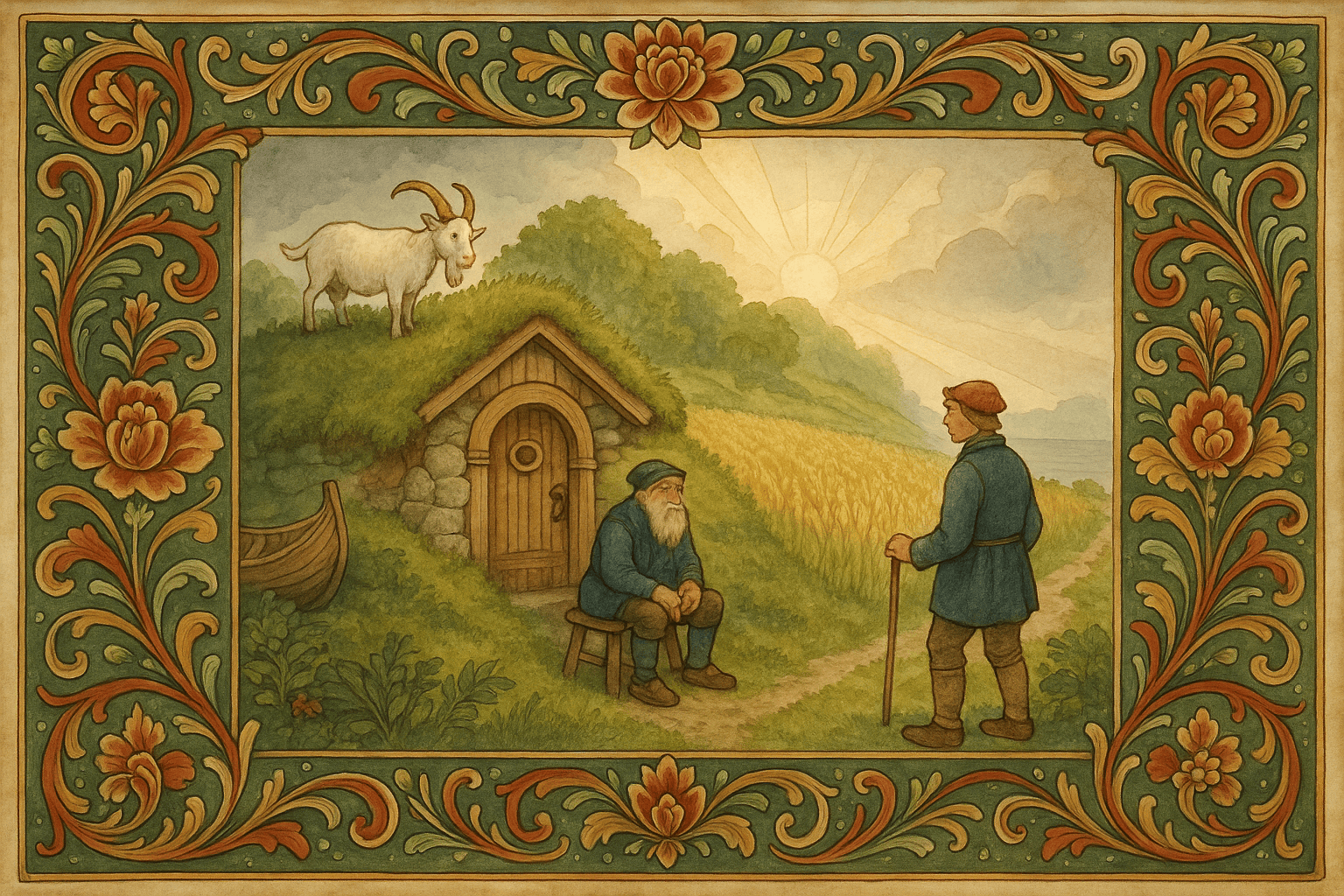 Solen bryter gjennom skodden over Utrøst; en grønn byggaker leder til en torv-gamme, en hvit geit med forgylte horn beiter, og kallen sitter ved døra og ønsker velkommen.