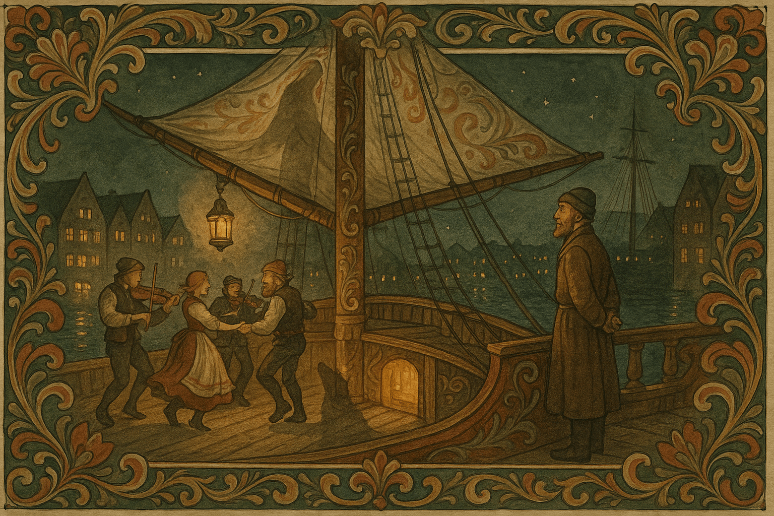 Isak ombord på en stor jekt i Bergen om kvelden; dekklys, musikk og dans under en julekveld, mens en svak skygge ved masten antyder en usett hjelper og lykke.