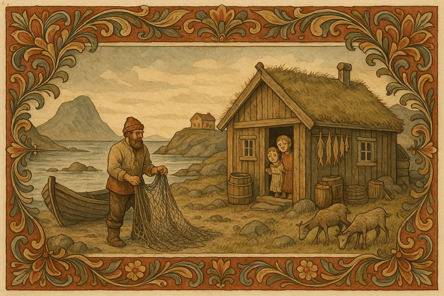 En enkel kysthytte på Værøy ved daggry; Isak ved båten, to geiter beitende på berggress, og barn ser ut fra døren, med en større husmannsgård synlig i bakgrunnen.