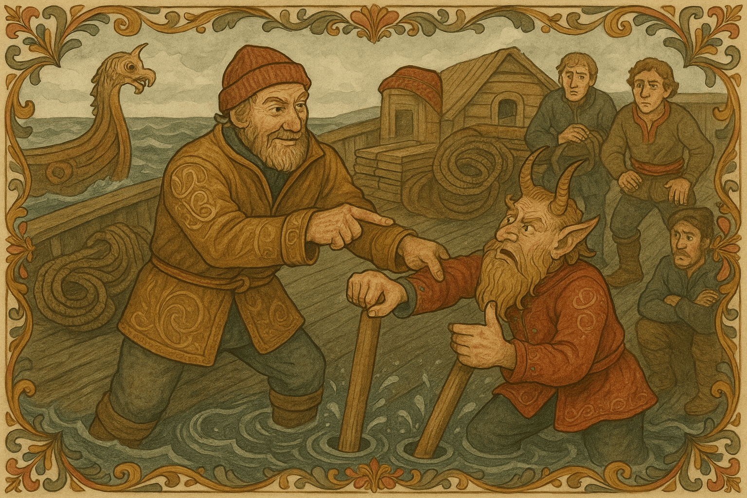 Skipperen holder Gamle-Erik i kragen på dekk av en tjæret handelsskute og peker mot to trepumper slått inn i skroget, der sjøen står høyt i pumpene; rundt ligger furutømmer, tjærete tau og en lav kahytt.