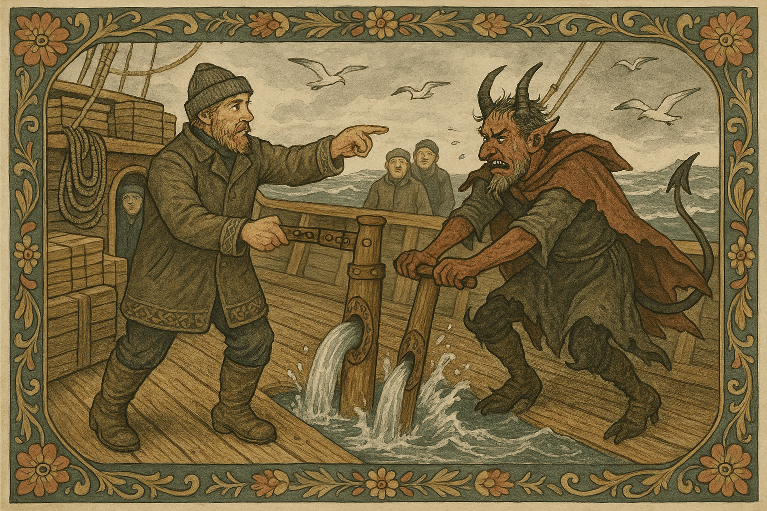 På det slingrende dekket av et tjærebredt handelsskip som krysser det grågrønne Nordsjøen, griper den listige skipperen i oljefrakk og strikkelue Gamle-Erik i kragen og peker rolig mot to nylig uthogde hull i skroget, der mannskapet har slått de lange trepumpene hardt inn i plankene. Rundt dem rammer stabler av norsk furulast, sammenrullede tjærebredde tau og den lave kahytten inn scenen, mens hatten hans er vippet som for å ta vinden.