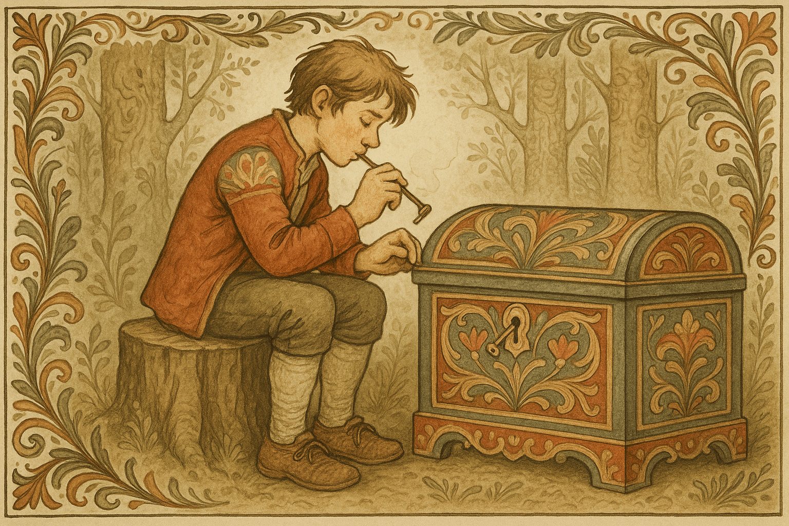 Gutten sitter på en stubbe, holder en liten nøkkel, blåser i nøkkelpipen og mot nøkkelhullet i skrinet før han vrir.