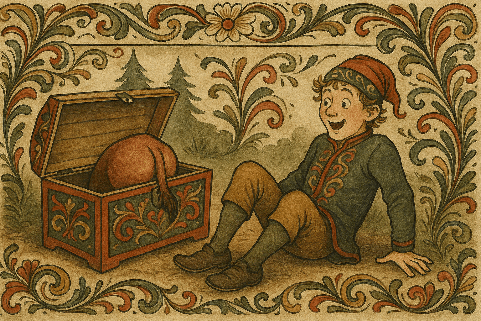 Skrinet står åpent og inne ligger en kalverumpe; gutten ser overrasket og litt lattermild ut.