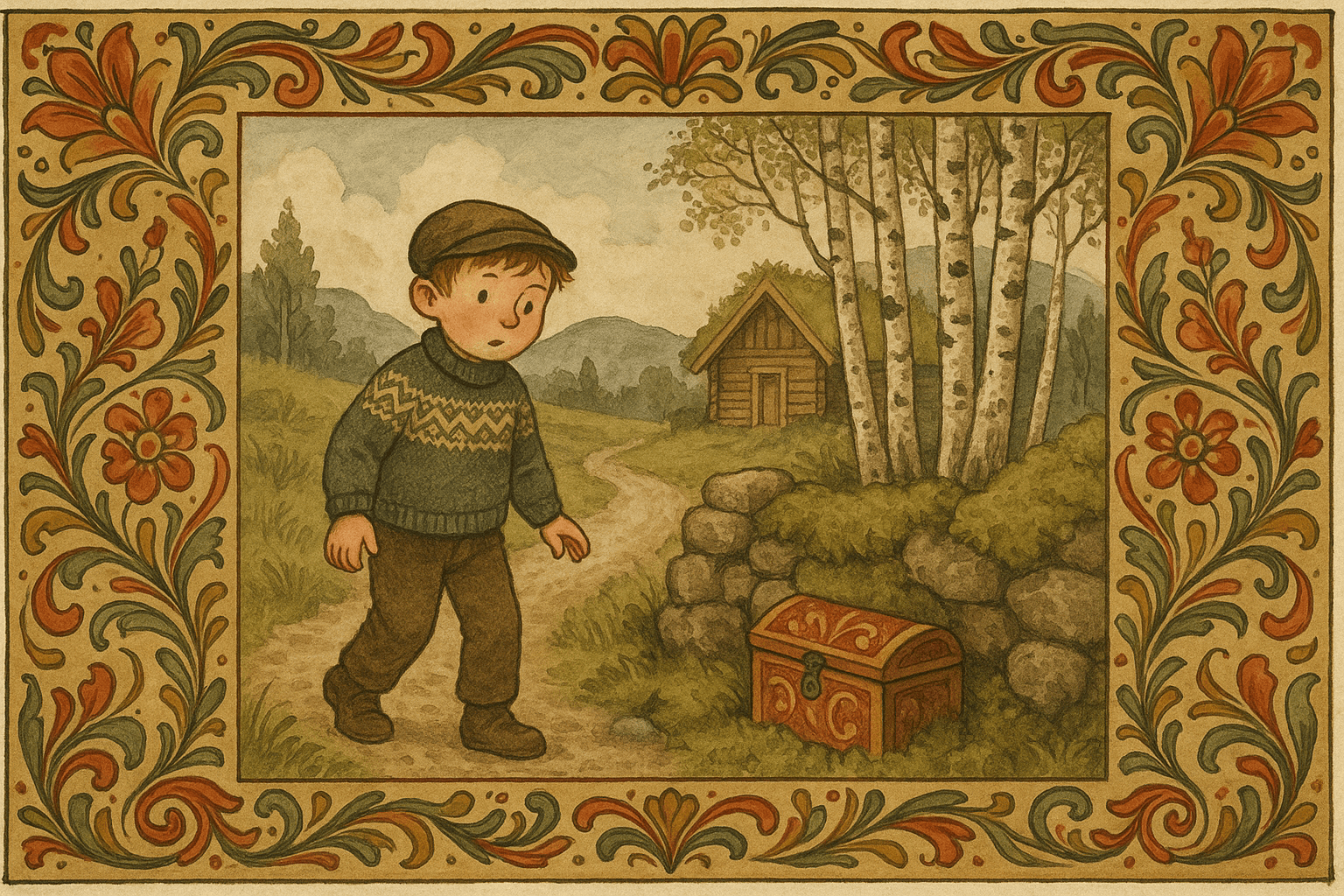 En liten gutt går langs en landevei og oppdager et lite skrin gjemt i mose ved en steingard.