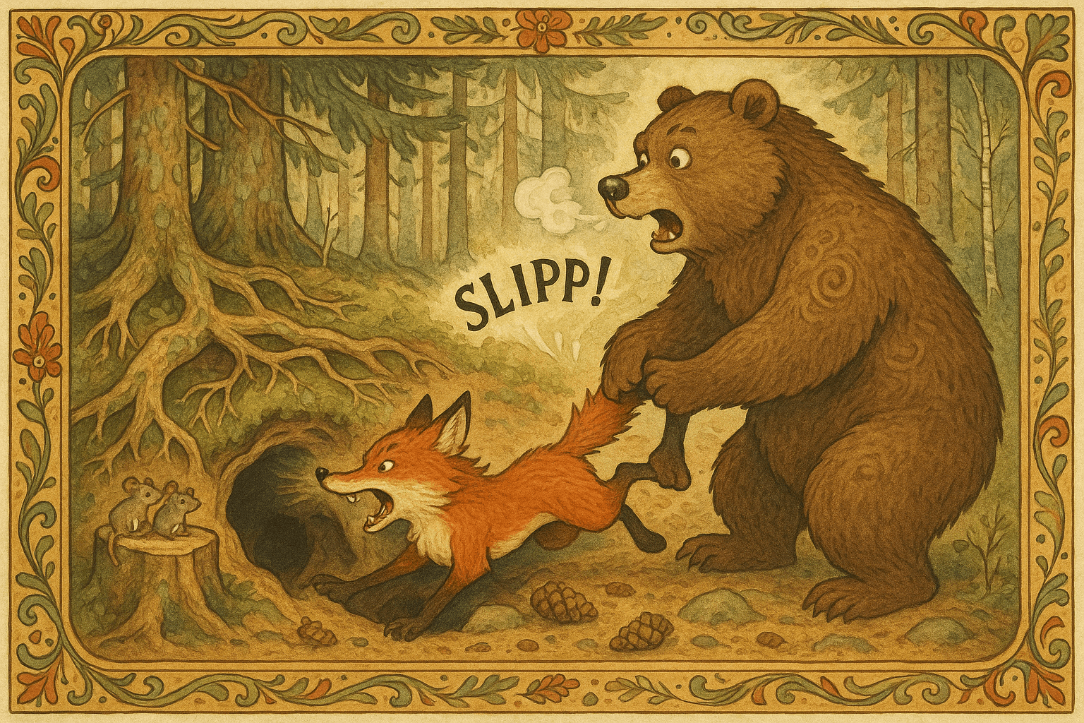 Reven sitter halvveis i et hull under en granrot mens bjørnen holder tak i revefoten; tre små skogmus ser på fra en stubbe, og skogen rundt er solbelyst med furukongler og lav på barken.