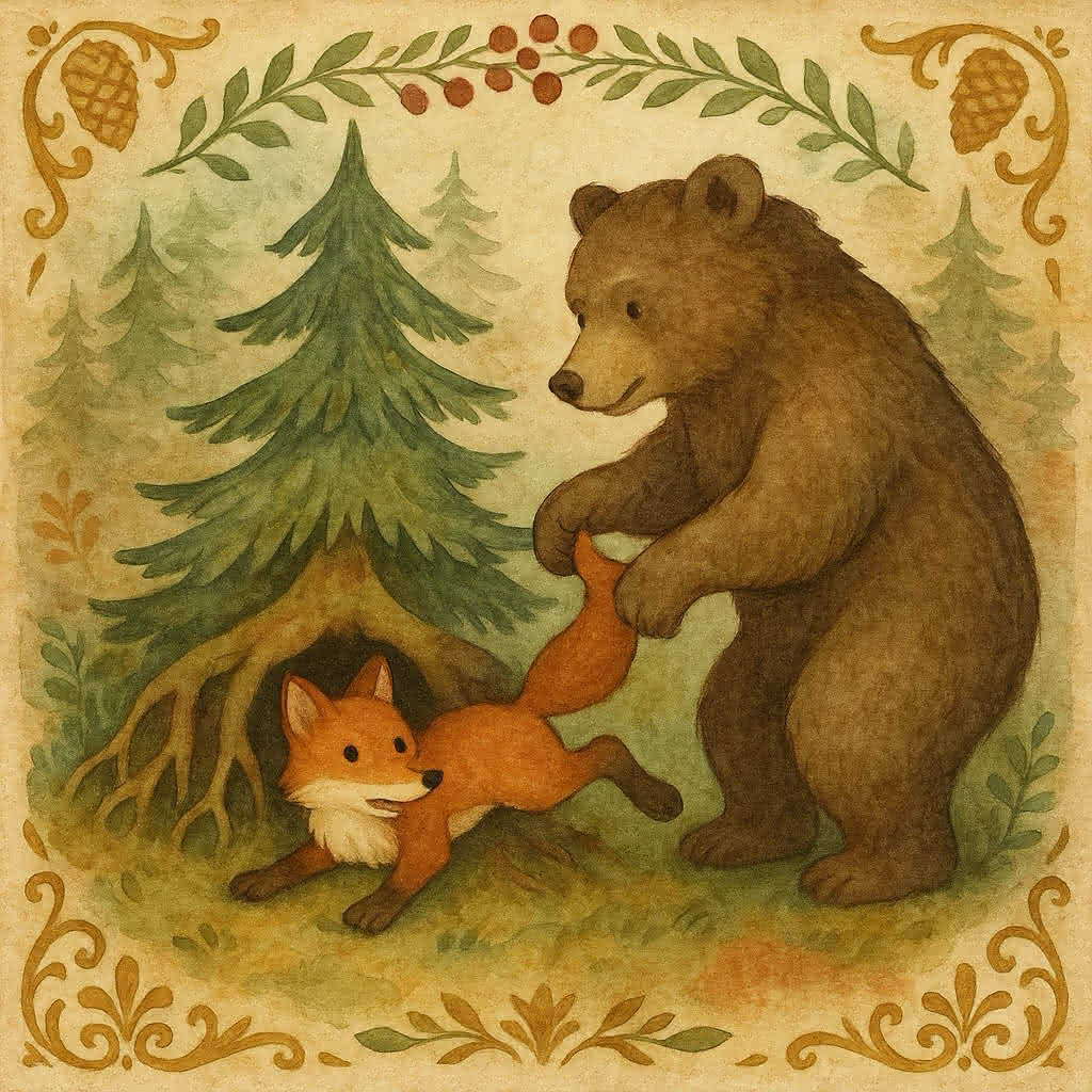 Reven som lurer bjørnen med ordspillet 'Slipp granrot og ta i revefot'