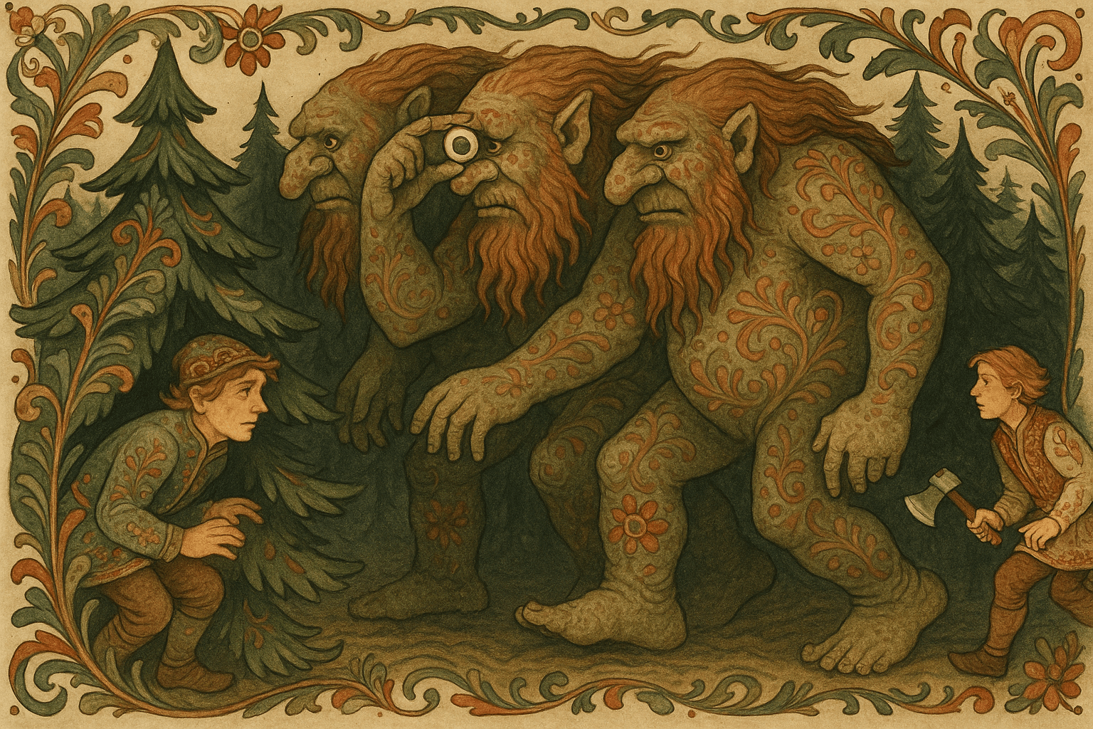 Tre digre troll med ett delt øye går mellom furutrærne; den ene gutten gjemmer seg under ei fura mens den andre sniker seg fram med vesleøksa for å slå til.