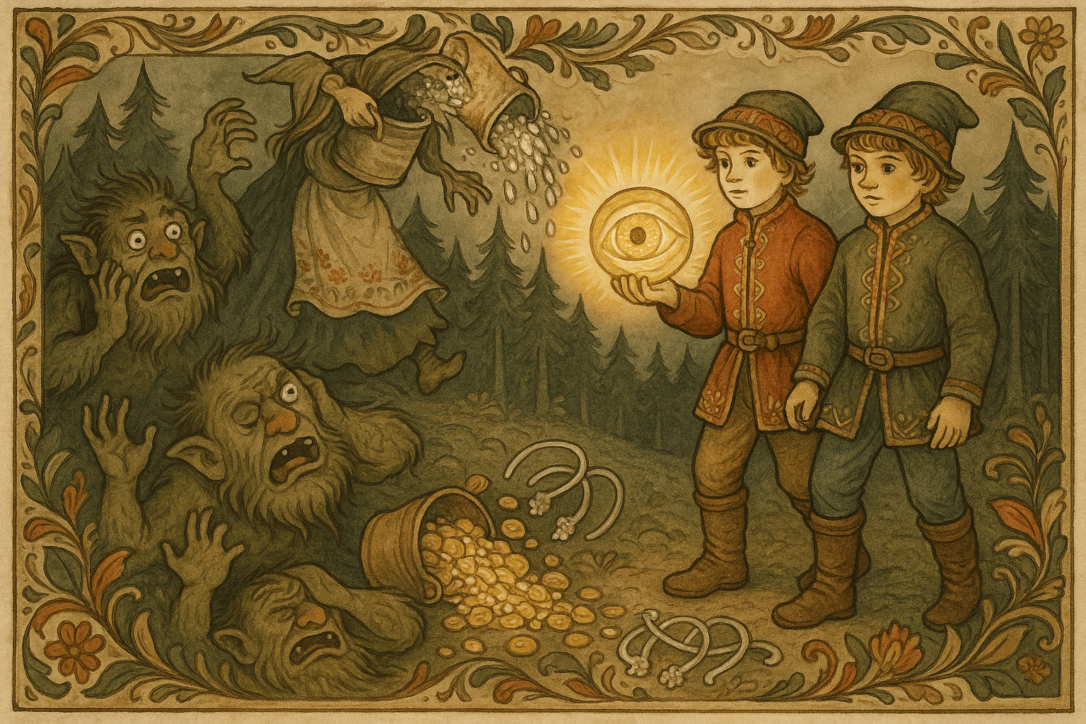 Den eldste gutten holder det stjålne øyet som lyser opp natten mens trollkjerringa kasterspann fulle av gull og sølv og to stålbuer mot dem og flykter.