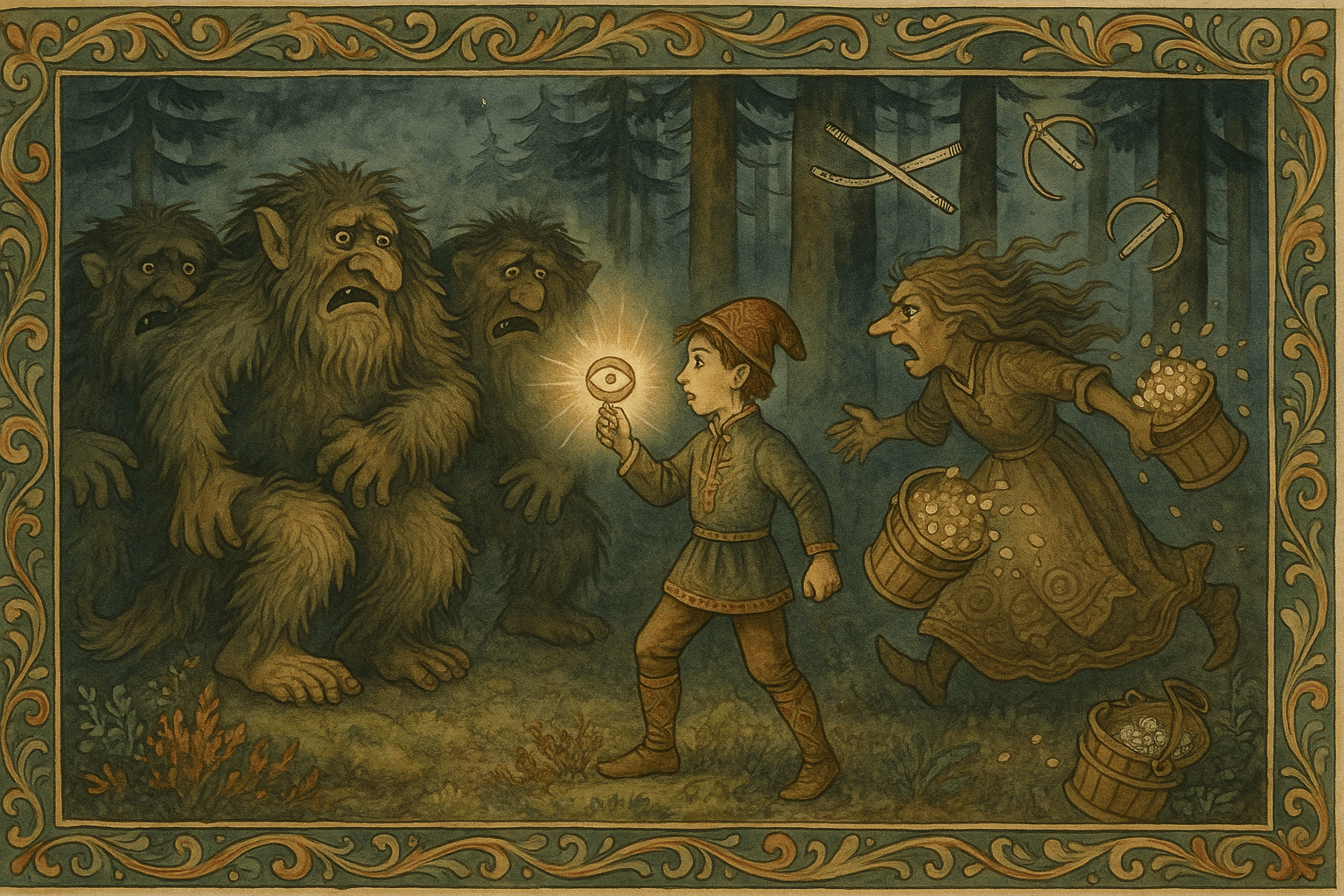 Den eldste gutten holder et lysende trolløye i Hedalsskogen mens tre troll rygger tilbake og trollkjerringa kaster spann med gull og sølv og to stålbuer og flykter.