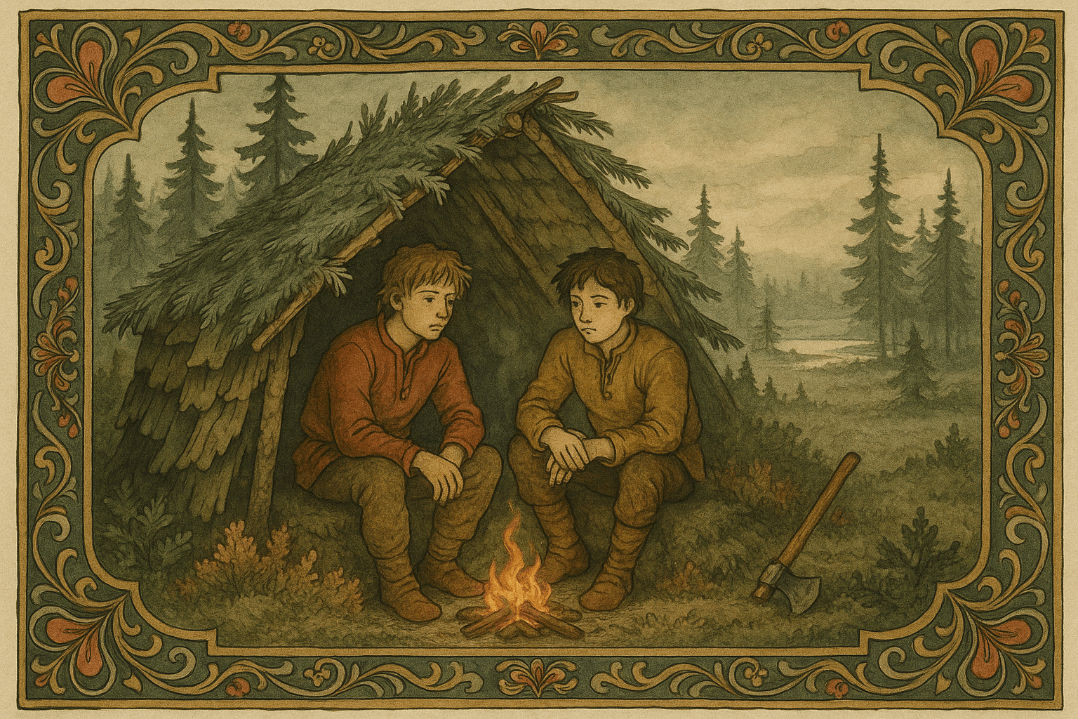 To halvvoksne brødre har bygget en enkel barhytte ved en liten ild i tåket furuskog, med lyng- og moseleie og en vesleøks ved siden av.