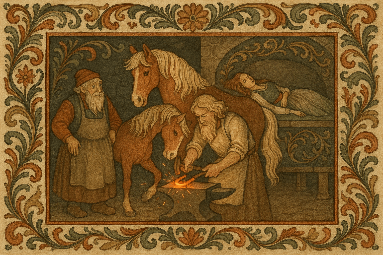 Vårherre smir hestesko ved avlen med gnister, mens smeden ser på. I bakgrunnen blir den gamle kona lagt på avlen og forvandles til en ung jomfru.