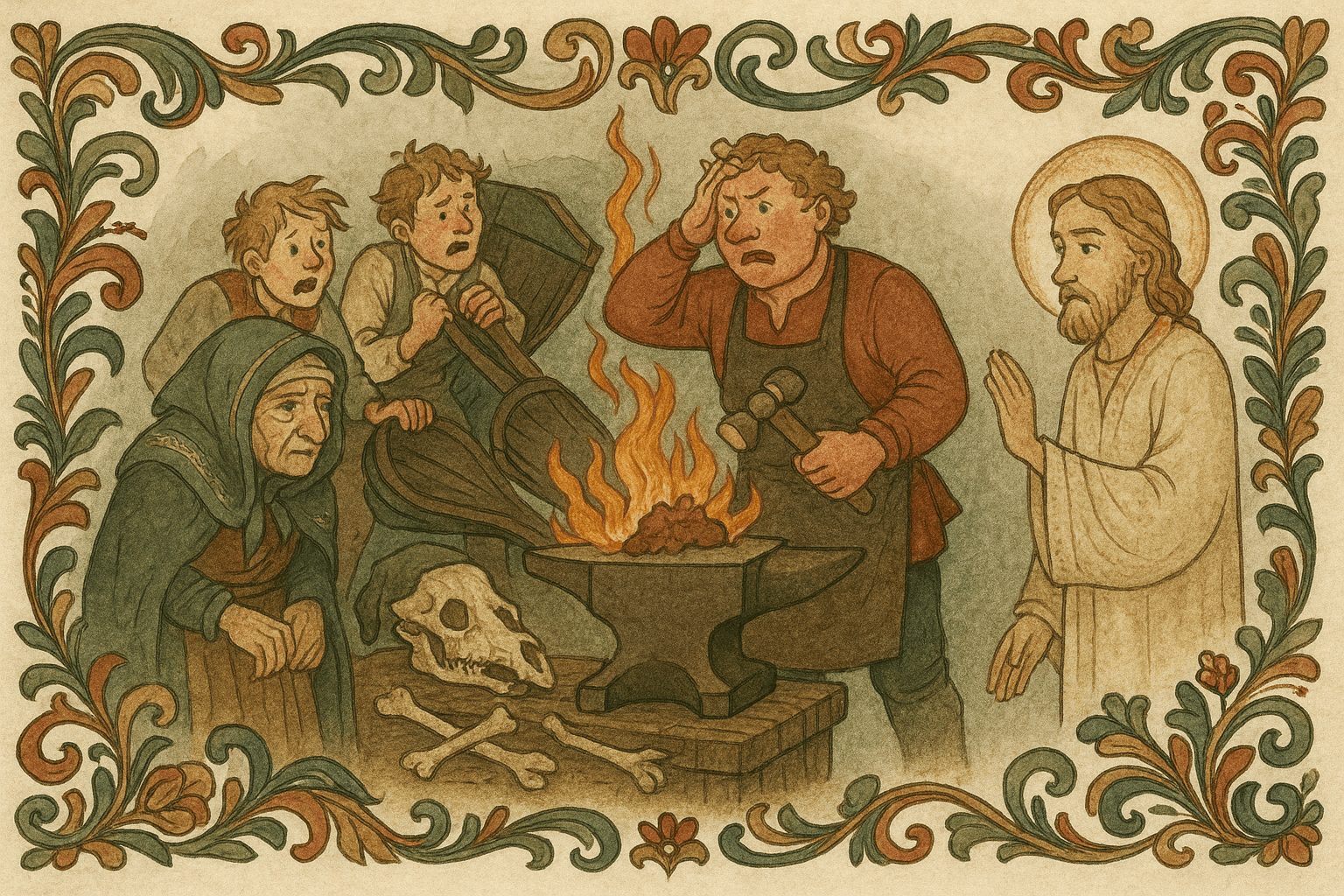 Smeden prøver å etterligne underverk, hestebena brenner i smia og hjelpeløse smedgutter pumper blåsebelgen. Vårherre ser på med misbilligelse mens smeden står fortvilet.