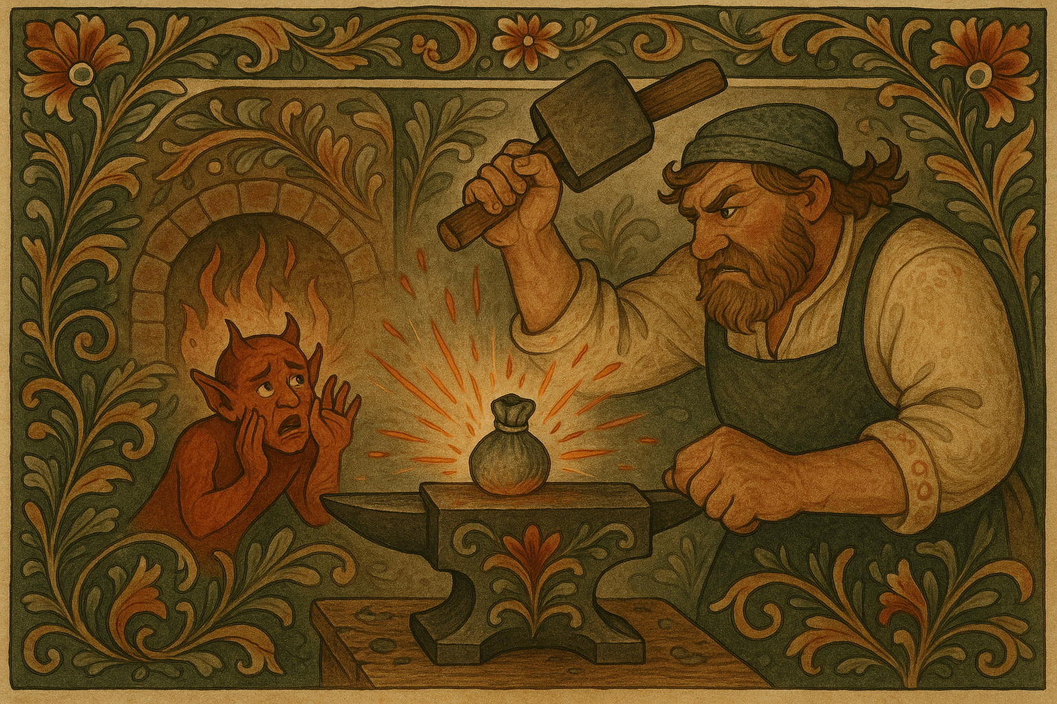 Fanden krøper inn i ståltrådpungen, smeden lukker den og varmer den på ambolten. Smeden løfter slegga mens det høres skrik fra pungen.