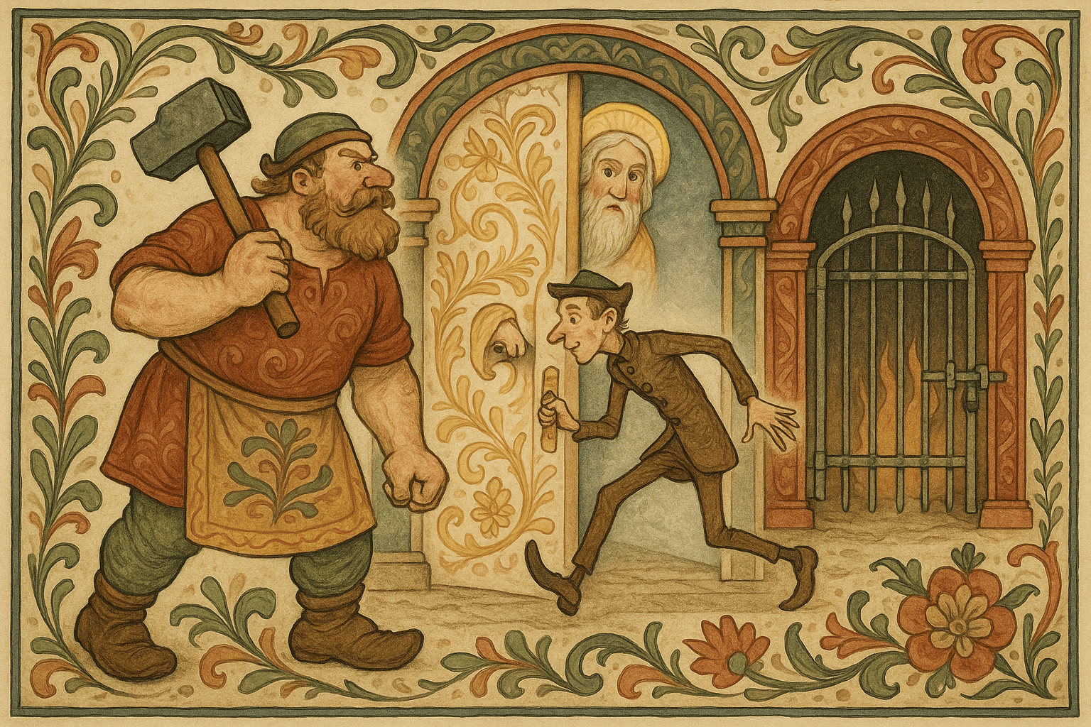 Smeden ved himmelporten løfter slegga mot dørgløtten mens skreddersvennen klemmer seg inn. St. Peder ser forbauset ut, og helvetesporter vises låst i det fjerne.